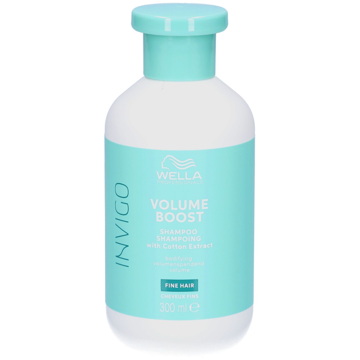 Weiße Flasche mit türkisfarbenem Etikett. Aufschrift: Invigo, Volume Boost, Shampoo. Für feines Haar. Mit Baumwollextrakt.
