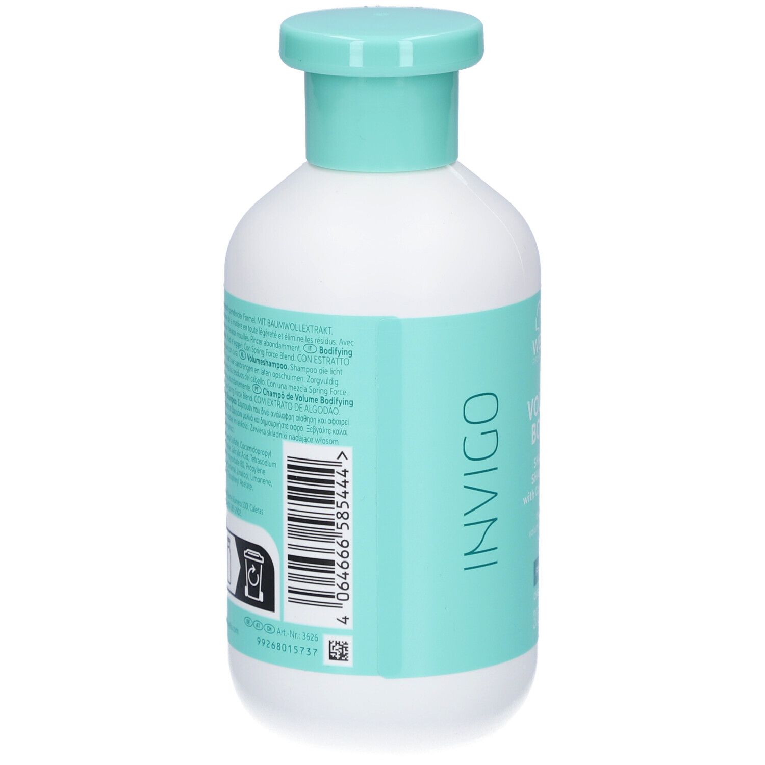 Rückseite einer weißen Flasche mit türkisfarbenem Etikett. Aufschrift: Invigo, Volume Boost, Shampoo. Text in mehreren Sprachen.