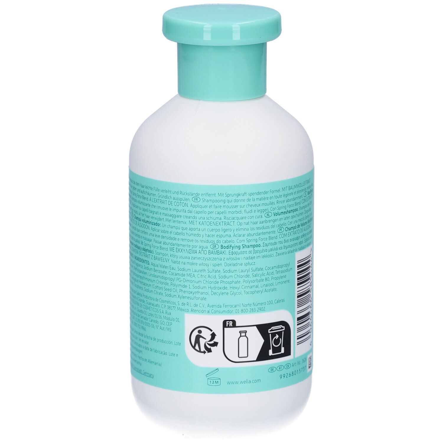 Rückseite einer weißen Flasche mit türkisfarbenem Etikett. Text in mehreren Sprachen. Recycling-Symbol.