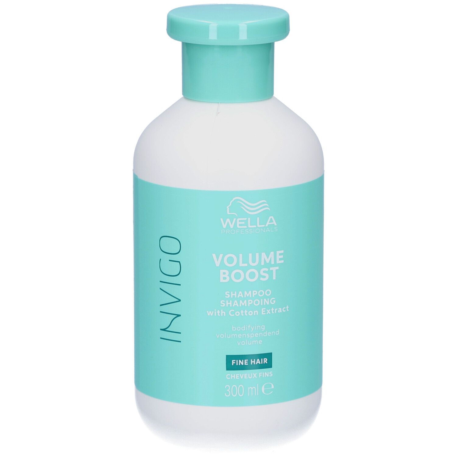 Weiße Flasche mit türkisfarbenem Etikett. Aufschrift: Wella, Invigo, Volume Boost, Shampoo. Für feines Haar.