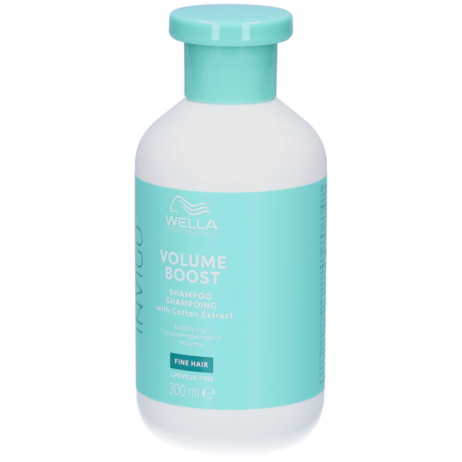 Weiße Flasche mit türkisfarbenem Etikett. Aufschrift: Wella, Invigo, Volume Boost, Shampoo. Für feines Haar. 300 ml.
