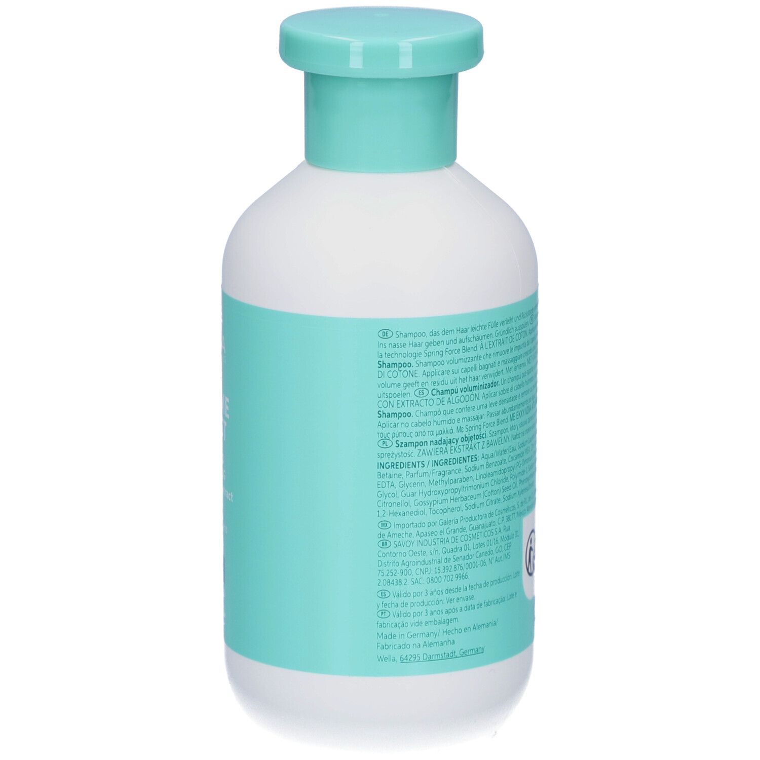 Rückseite einer weißen Flasche mit türkisfarbenem Etikett. Text in mehreren Sprachen. Inhaltsstoffe.