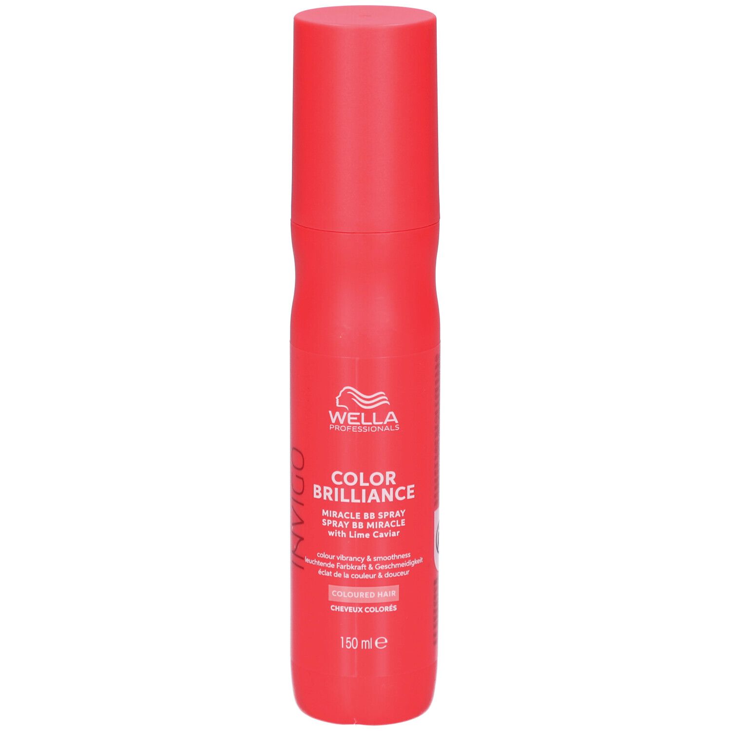Rote Sprühflasche von Wella Invigo Color Brilliance. Enthält Text und Logo. 150 ml.