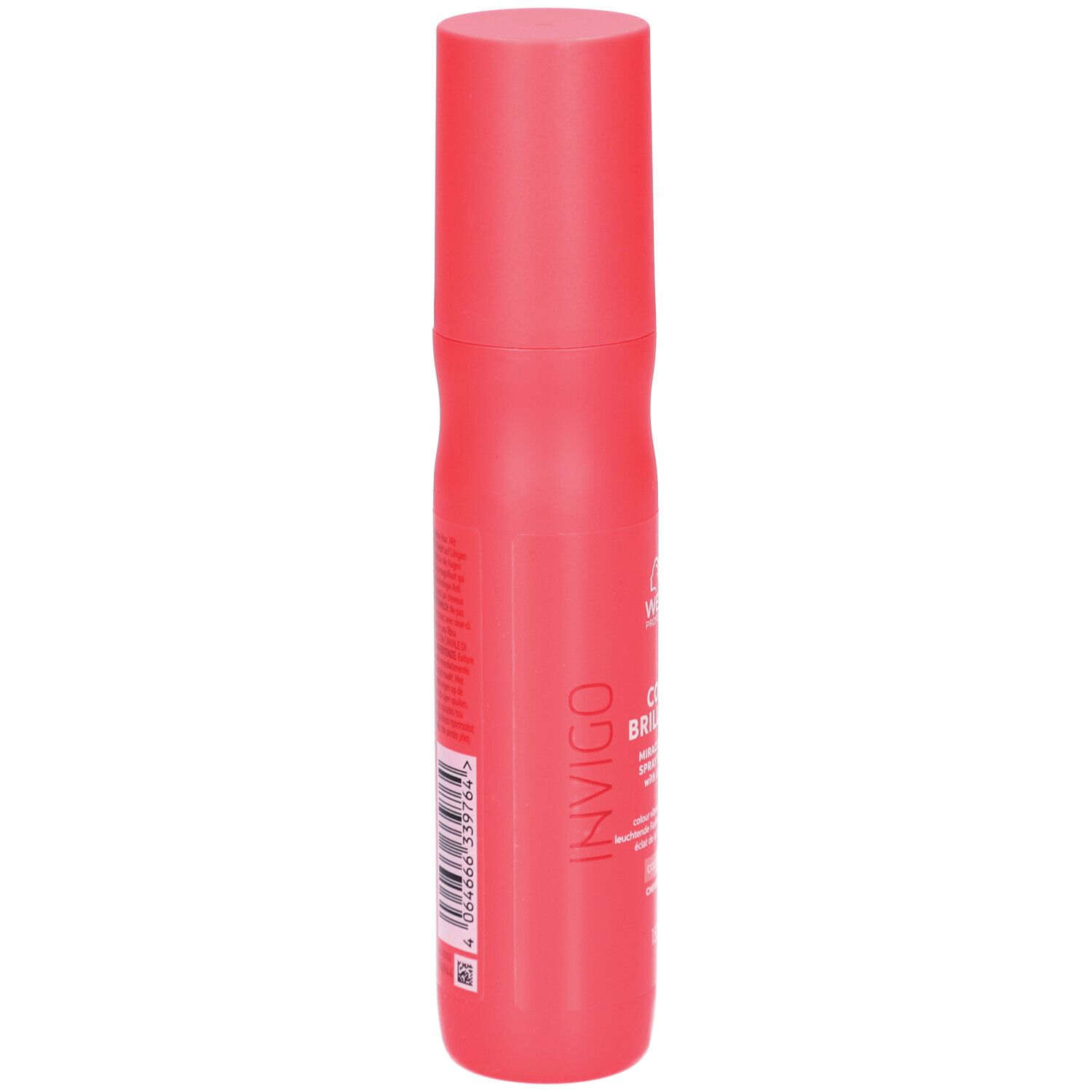 Rote Sprühflasche von Wella Invigo. Rückseite mit Text und Barcode.