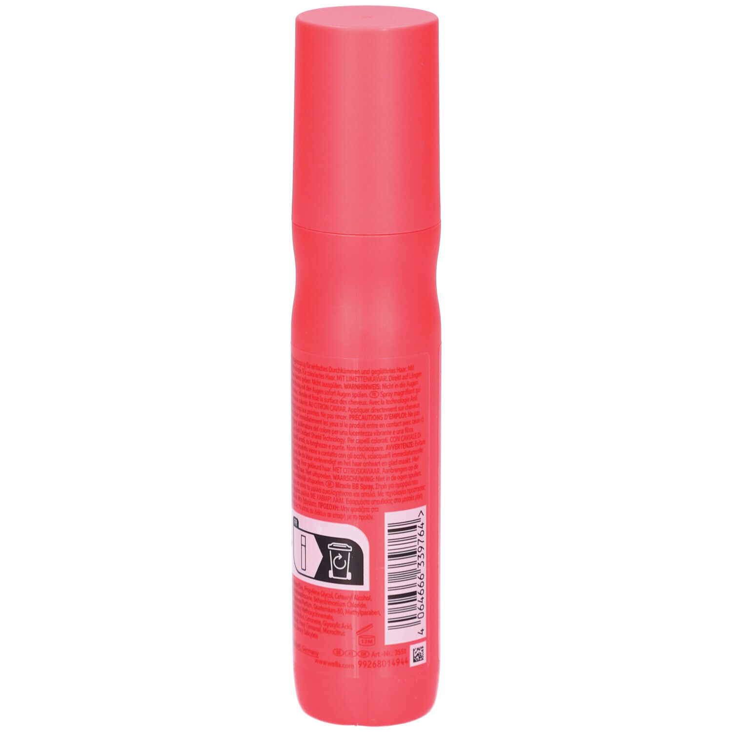 Rote Sprühflasche von Wella Invigo. Rückseite mit Text und Barcode.