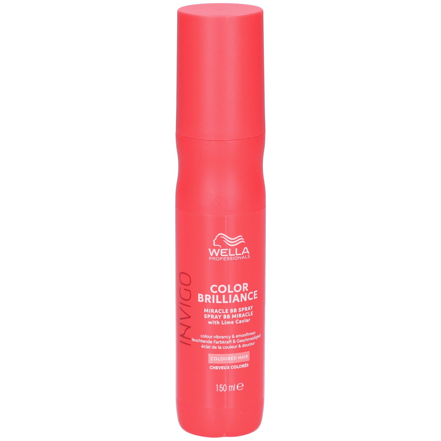 Rote Sprühflasche von Wella Invigo Color Brilliance. Enthält Text und Logo. 150 ml.