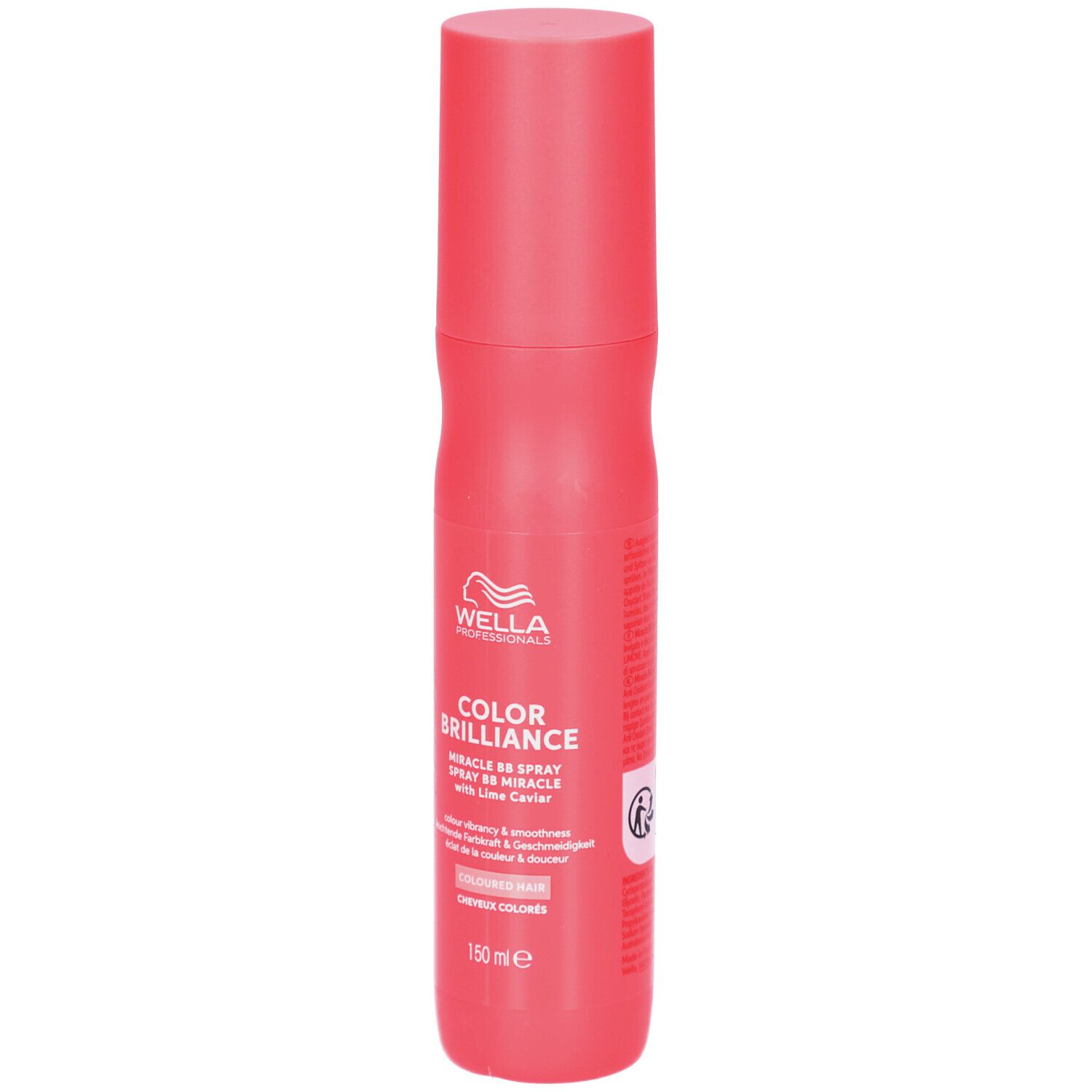 Rote Sprühflasche von Wella Invigo Color Brilliance. Enthält Text und Logo. 150 ml.