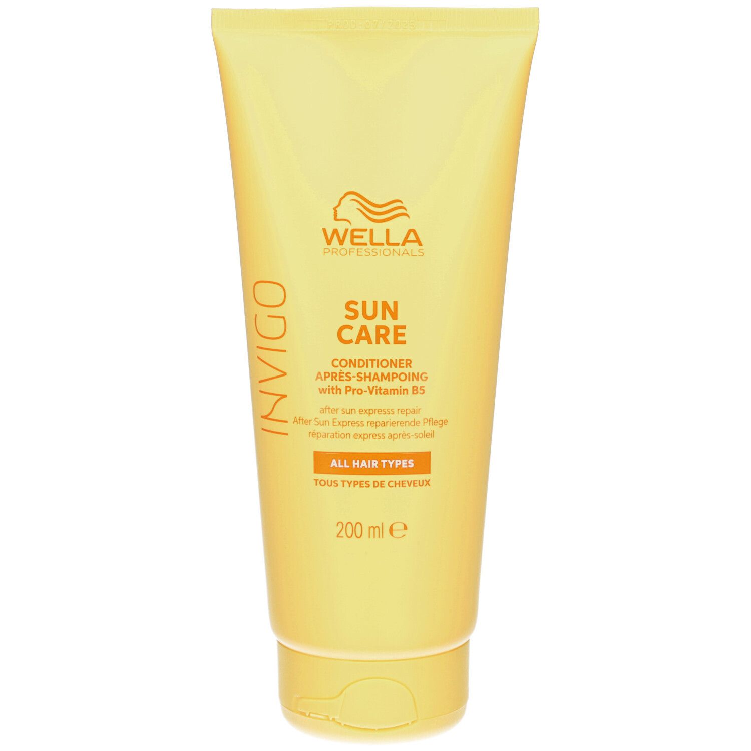 Gelbe Tube mit Wella Professionals Invigo Sun Care Conditioner. Text: Après-Shampooing, Tous types de cheveux, 200 ml.
