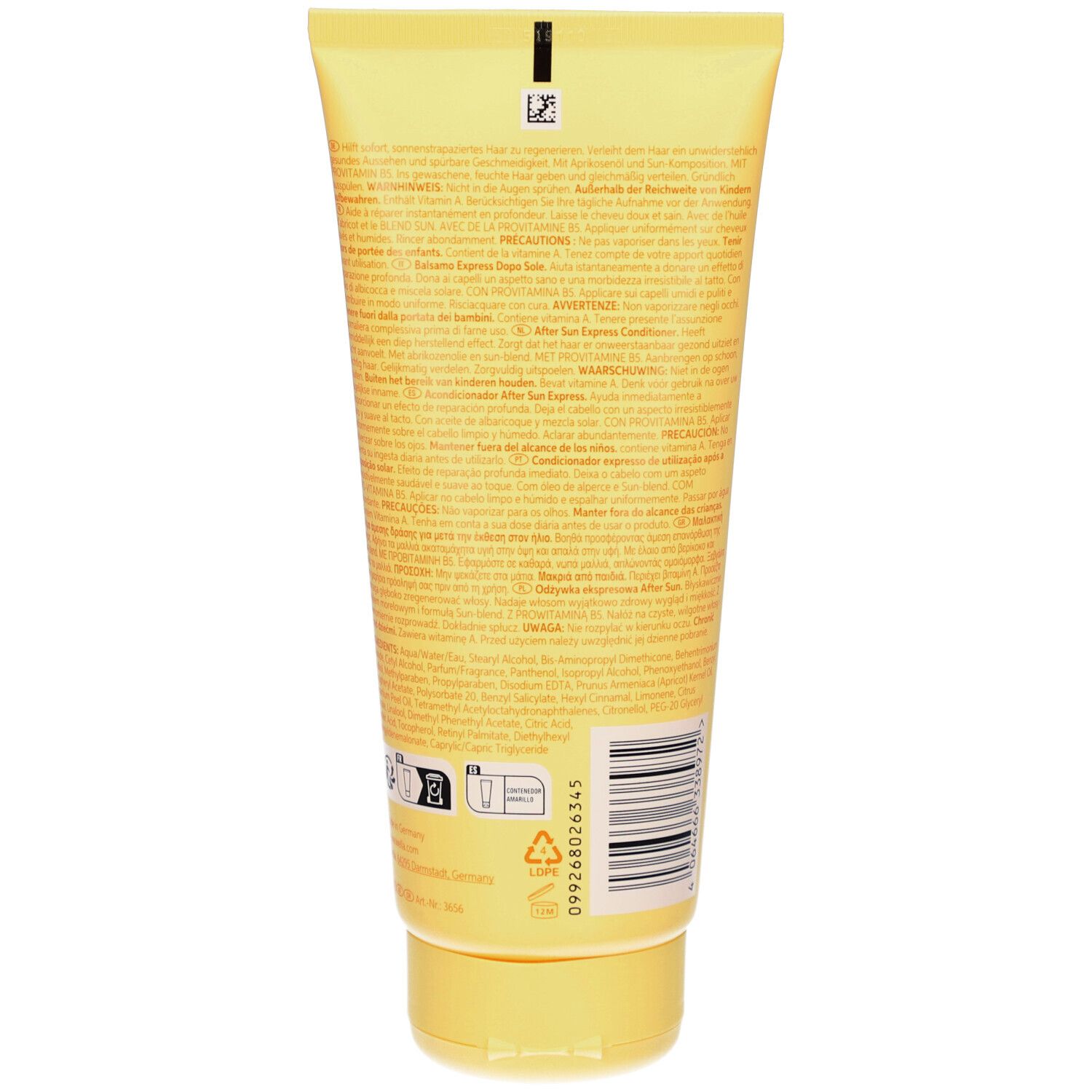 Rückseite der gelben Tube Wella Professionals Invigo Sun Care. Text und Barcode.