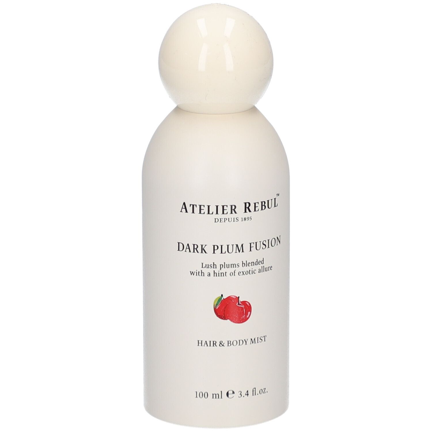Weiße Flasche mit rundem Verschluss. Aufschrift: Atelier Rebul, Dark Plum Fusion, Hair & Body Mist. 100 ml.