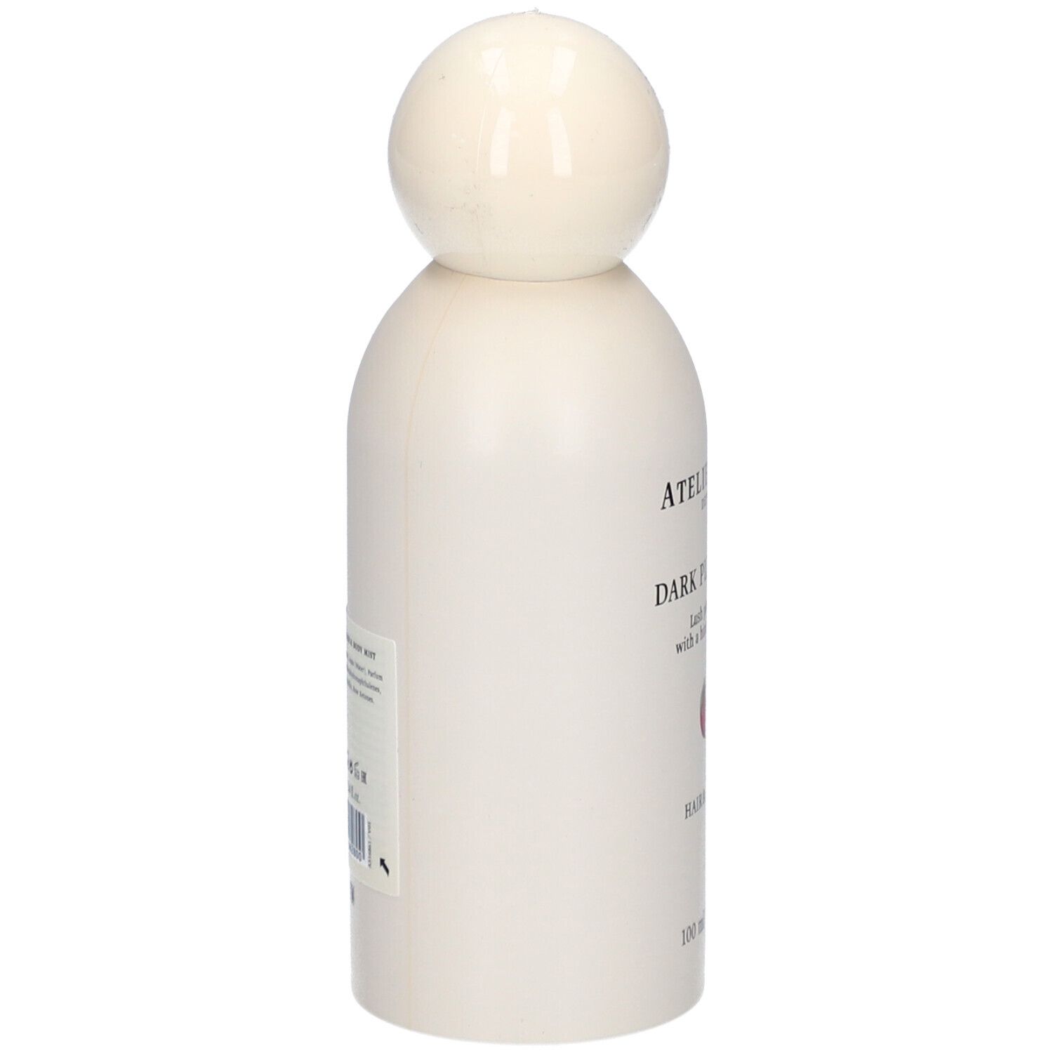 Weiße Flasche mit rundem Verschluss. Aufschrift: Atelier Rebul, Dark Plum Fusion, Hair & Body Mist. 100 ml.