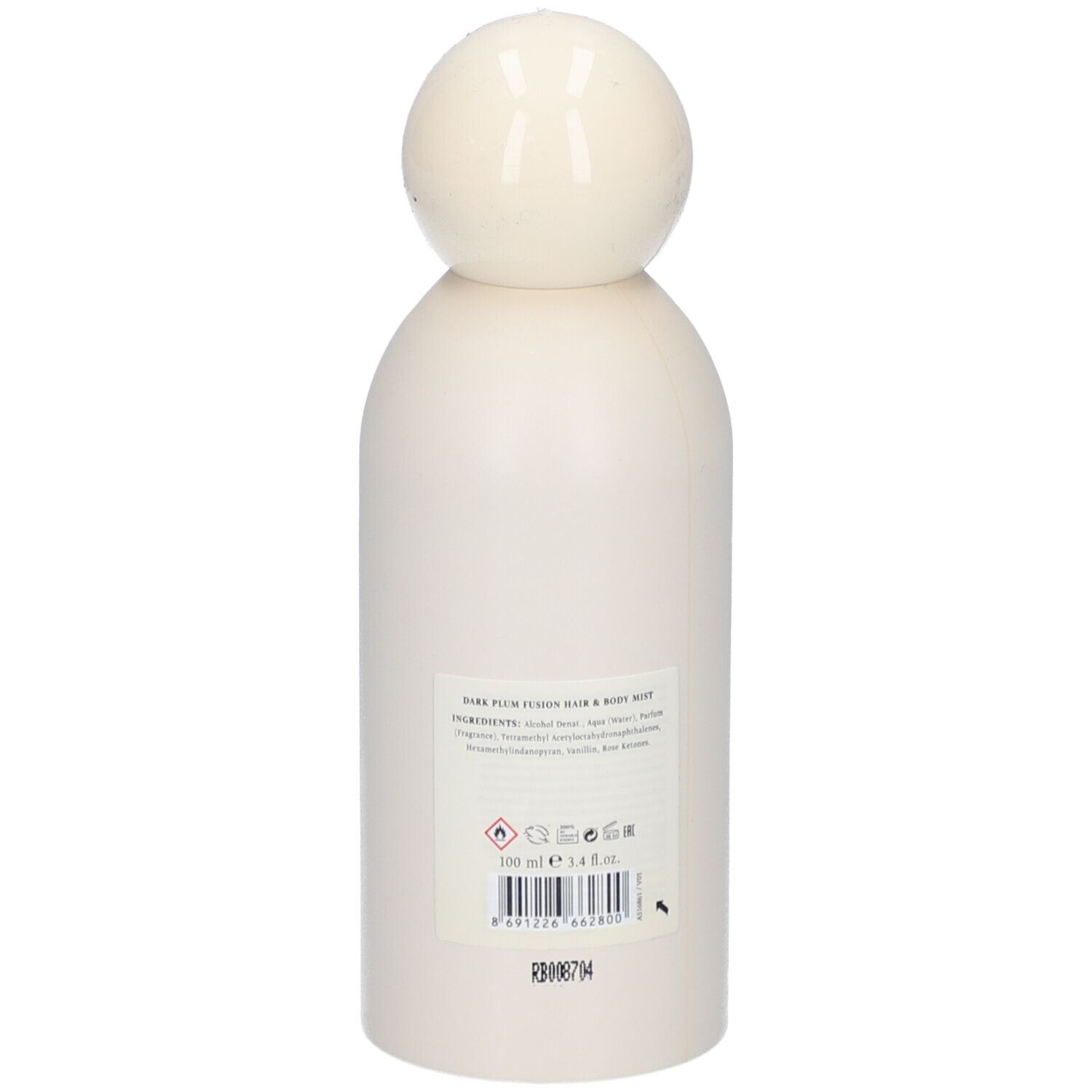 Weiße Flasche mit rundem Verschluss. Aufschrift: Atelier Rebul, Dark Plum Fusion, Hair & Body Mist. 100 ml.