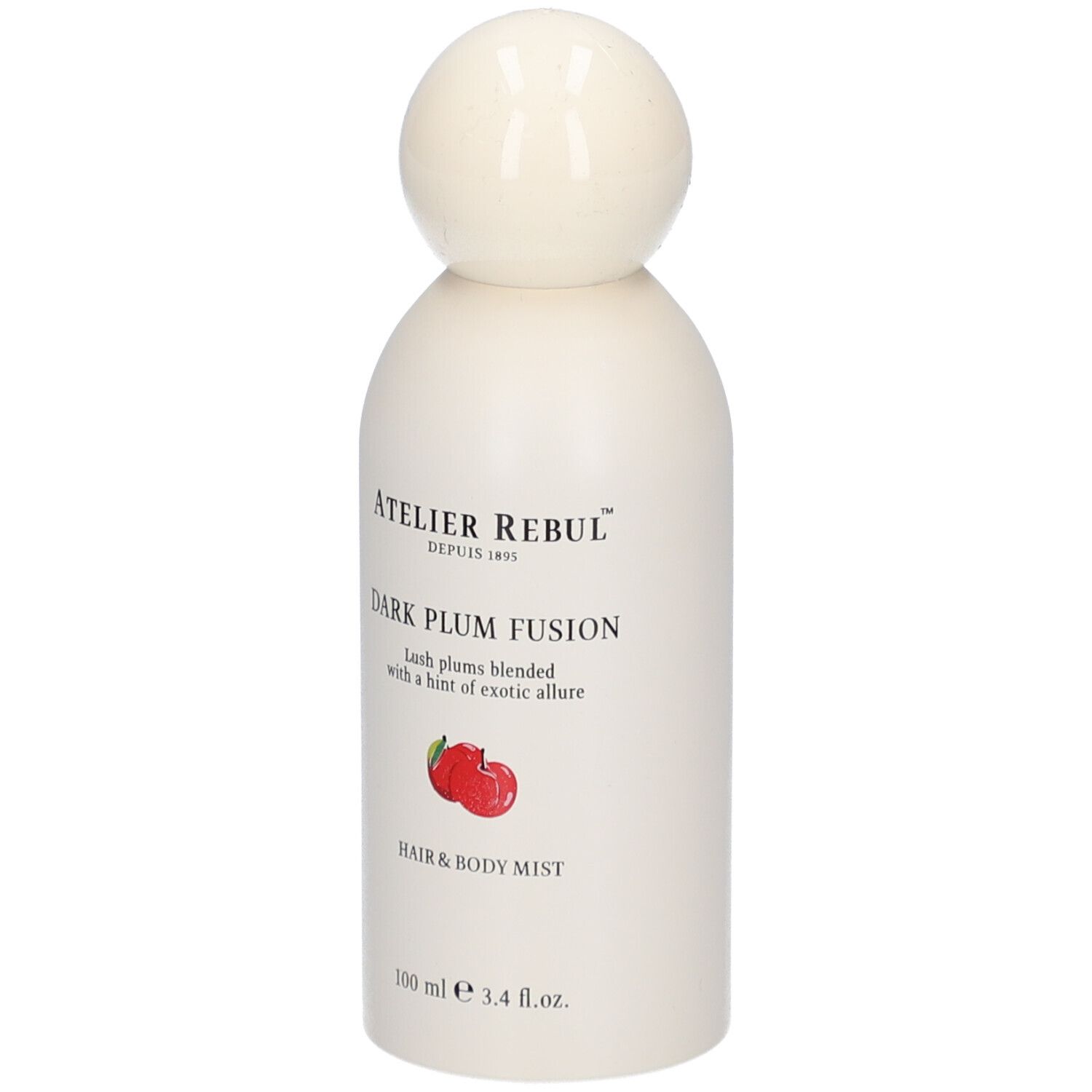 Weiße Flasche mit rundem Verschluss. Aufschrift: Atelier Rebul, Dark Plum Fusion, Hair & Body Mist. 100 ml.