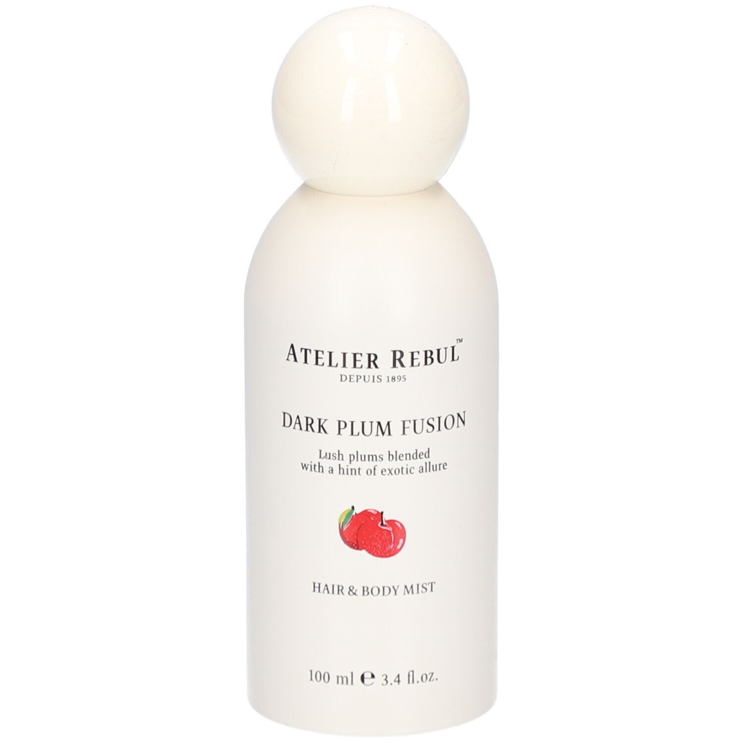 Weiße Flasche mit rundem Verschluss. Aufschrift: Atelier Rebul, Dark Plum Fusion, Hair & Body Mist. 100 ml.