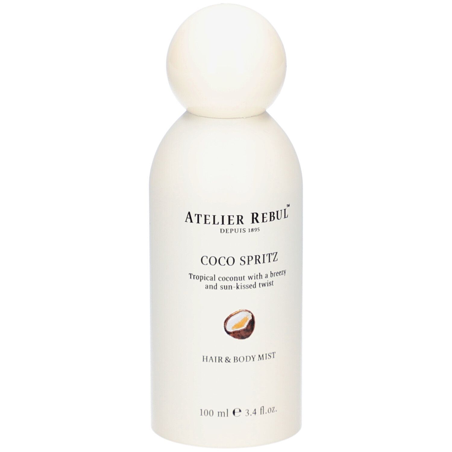 Weiße Flasche mit Kugelverschluss. Aufschrift: Atelier Rebul, Coco Spritz, Hair & Body Mist. Kokosnuss-Illustration.