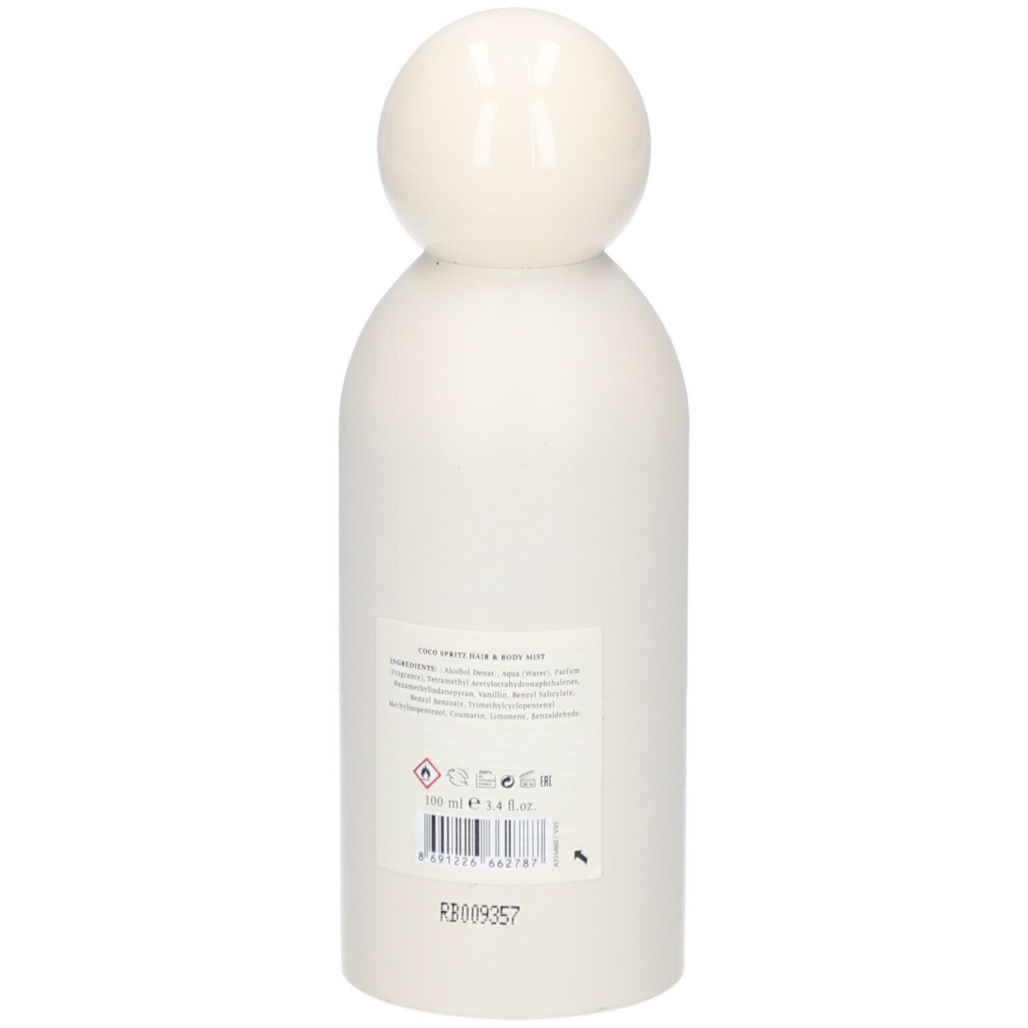 Weiße Flasche mit Kugelverschluss. Rückseite mit Inhaltsangaben und Piktogrammen.