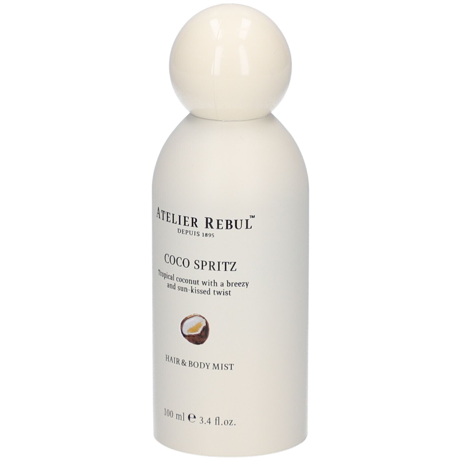 Weiße Flasche mit Kugelverschluss. Aufschrift: Atelier Rebul, Coco Spritz, Hair & Body Mist. Kokosnuss-Illustration.