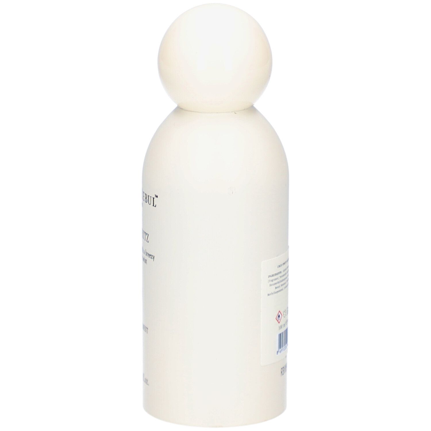 Weiße Flasche mit Kugelverschluss. Seitenansicht. Aufschrift teilweise sichtbar.