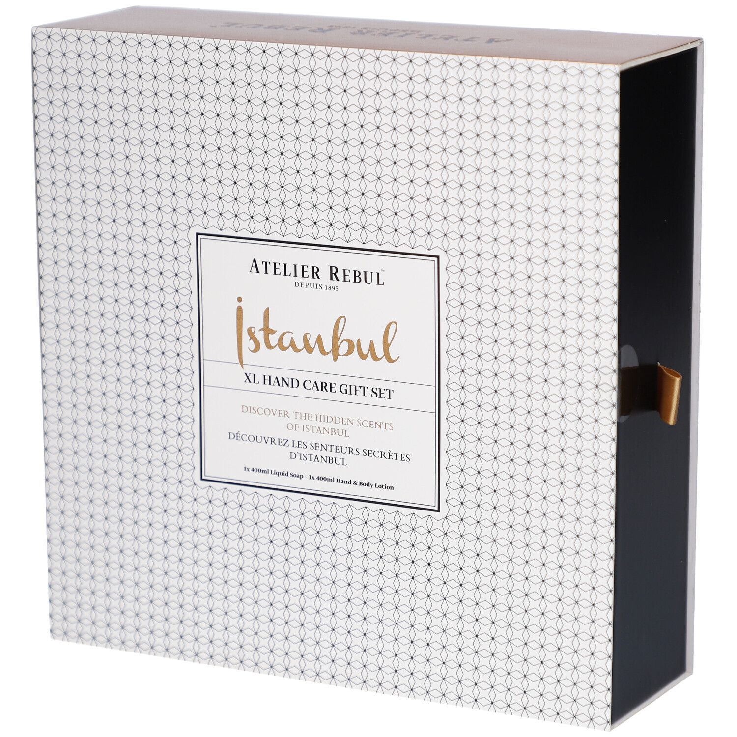 Geschenkset-Box mit weißem Muster und schwarzer Seite. Aufschrift: Atelier Rebul Istanbul XL Hand Care Gift Set.