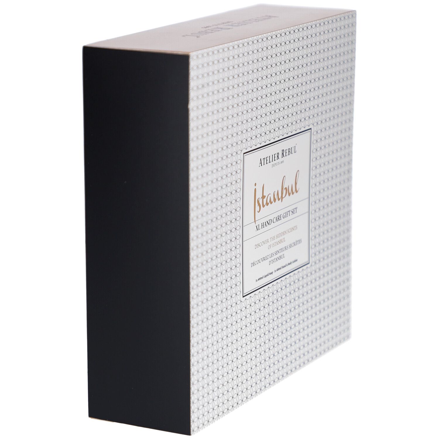 Geschenkset-Box mit weißem Muster und schwarzer Seite. Aufschrift: Atelier Rebul Istanbul XL Hand Care Gift Set.