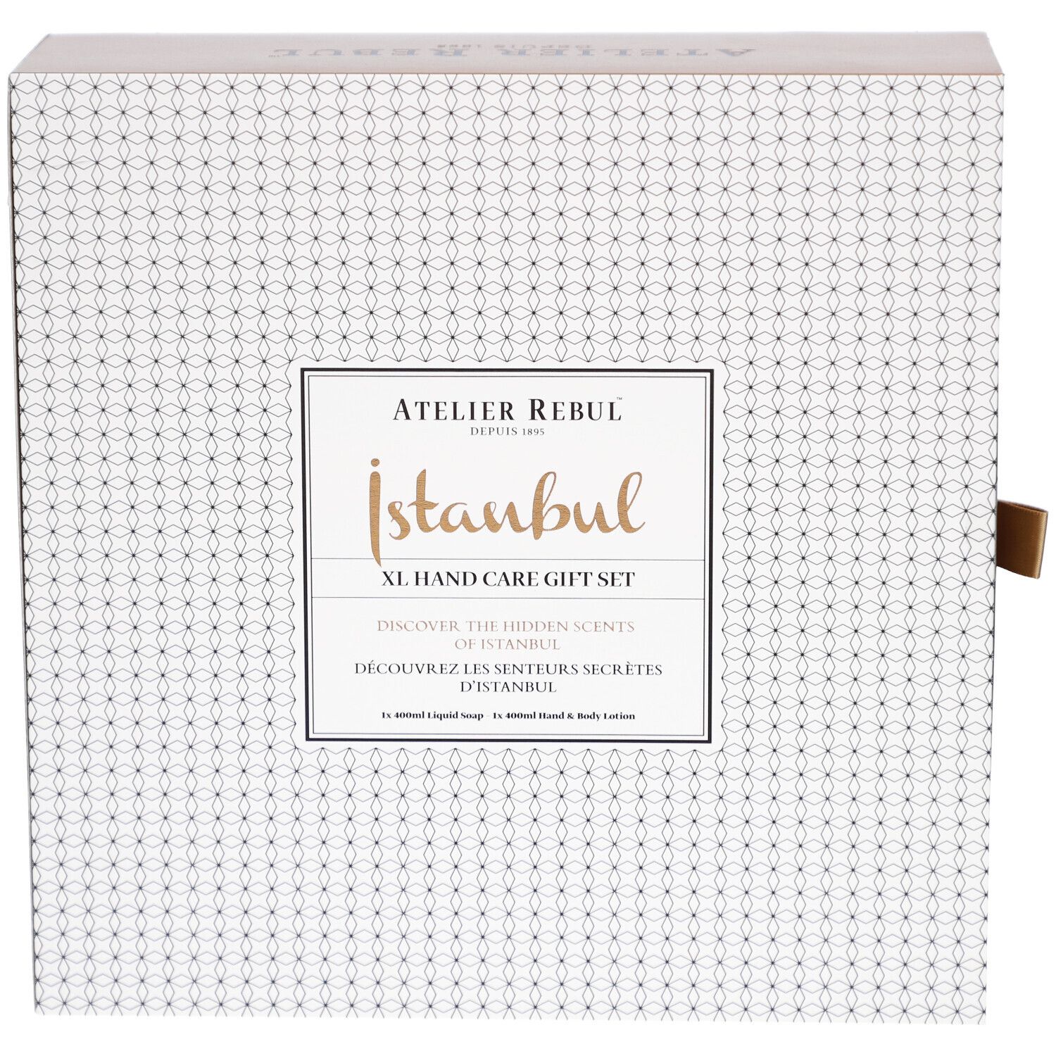 Geschenkset-Box mit weißem Muster und schwarzer Seite. Aufschrift: Atelier Rebul Istanbul XL Hand Care Gift Set.