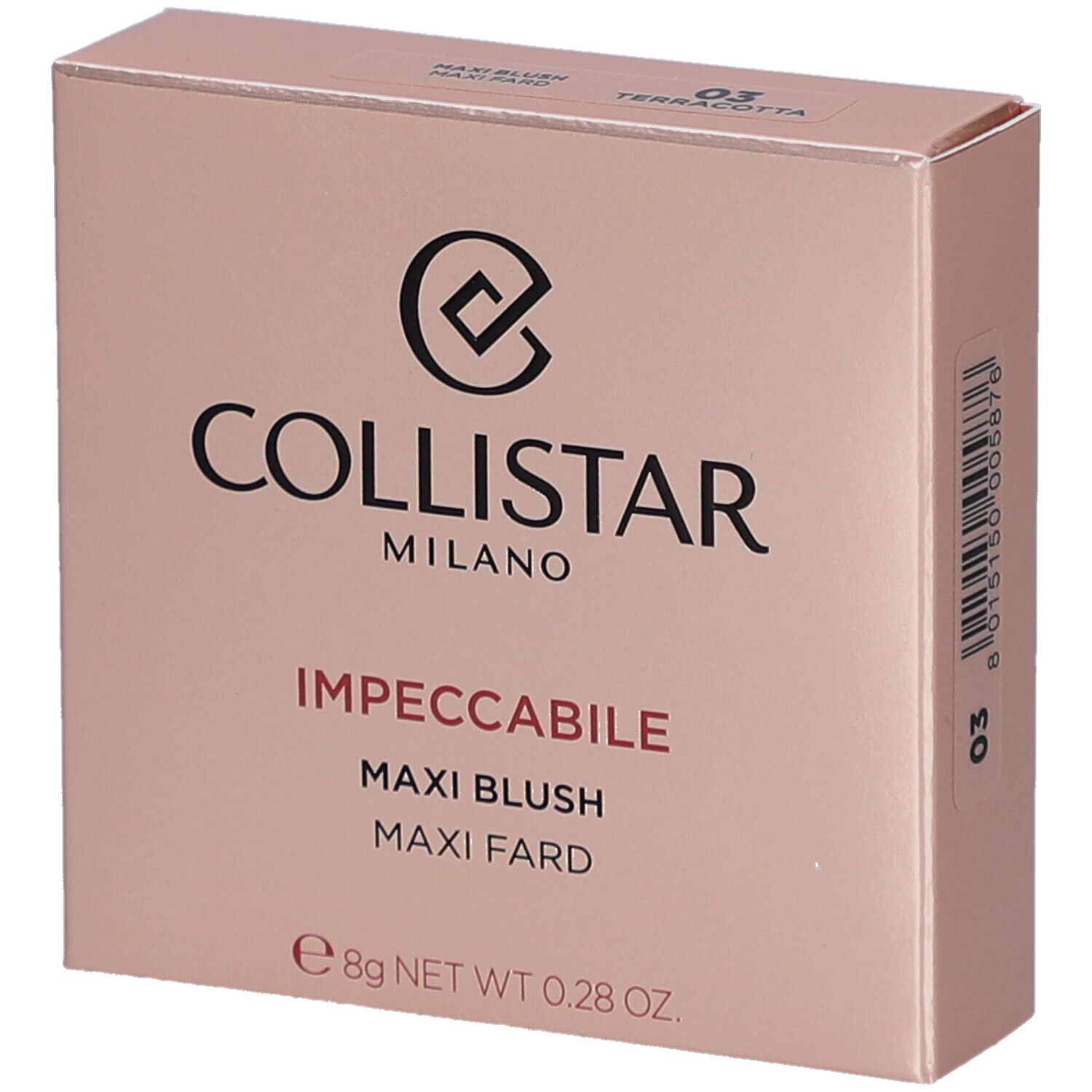 Blush-Verpackung. Marke Collistar, Produktname Impeccabile Maxi Blush. Farbe 03 Terracotta. 8g.