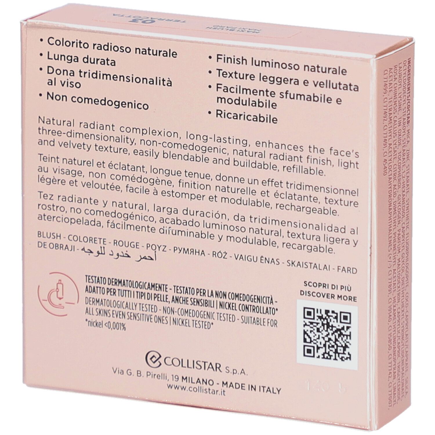 Rückseite der Blush-Verpackung. Marke Collistar, Produktname Impeccabile Maxi Blush. Text.