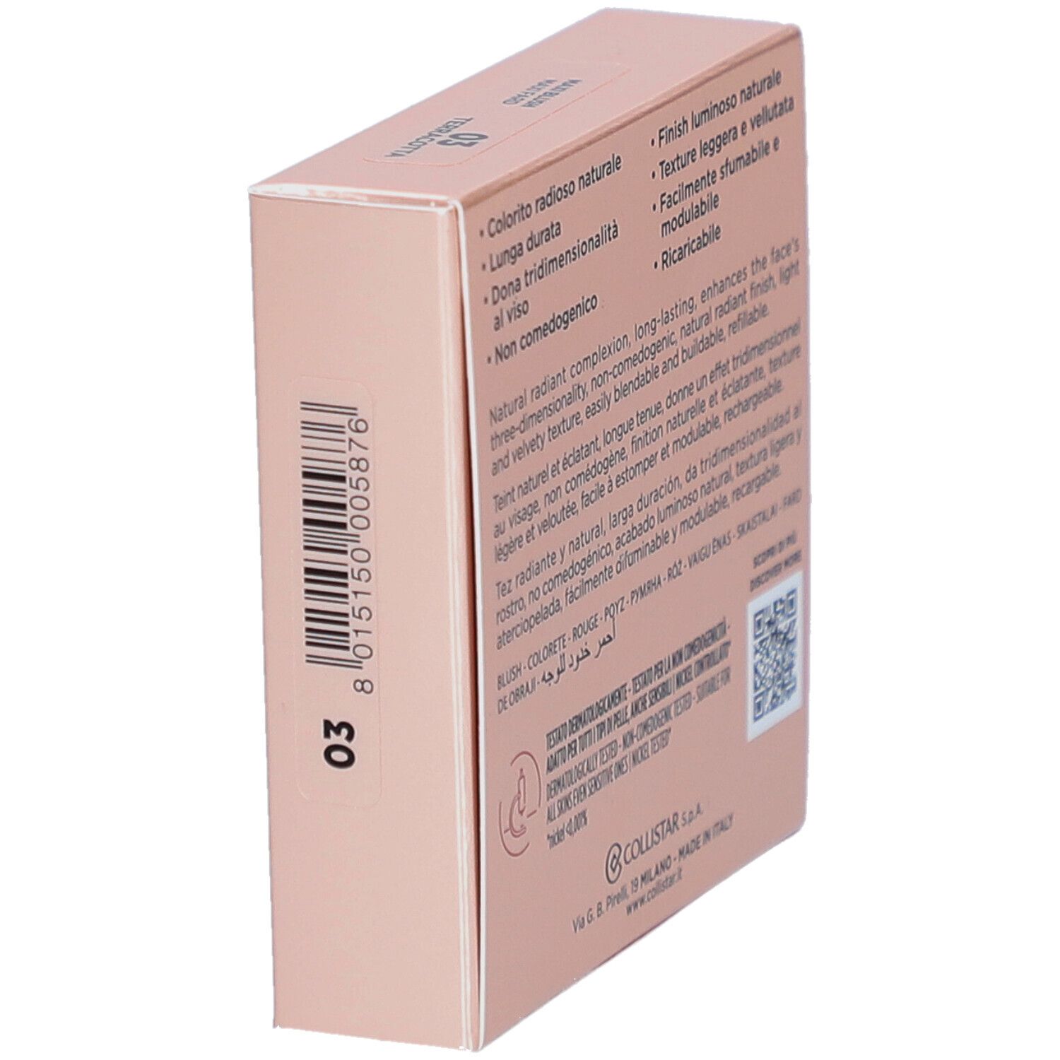 Rückseite der Blush-Verpackung. Marke Collistar, Produktname Impeccabile Maxi Blush. Text.