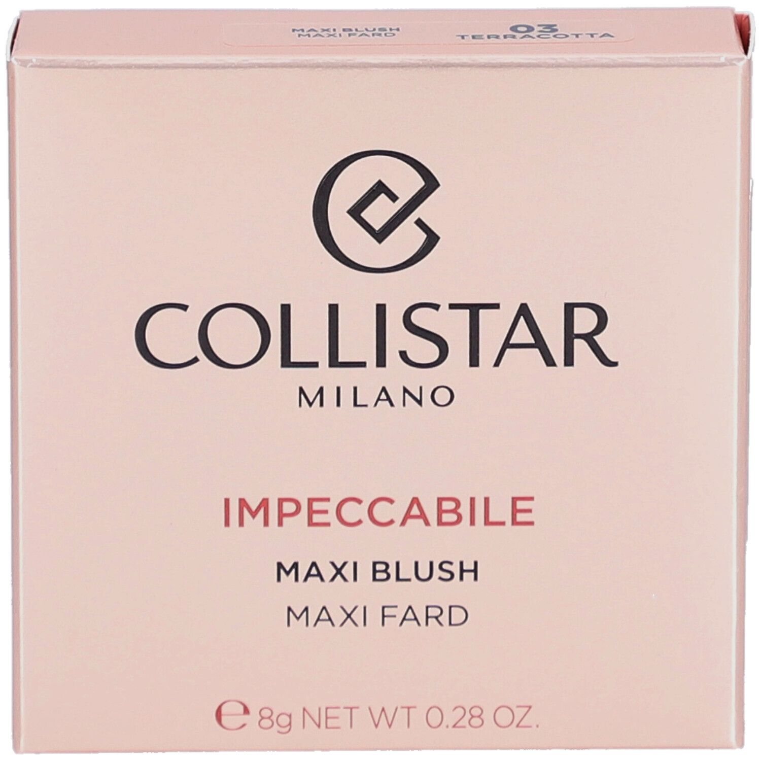 Blush-Verpackung. Marke Collistar, Produktname Impeccabile Maxi Blush. Farbe 03 Terracotta. 8g.