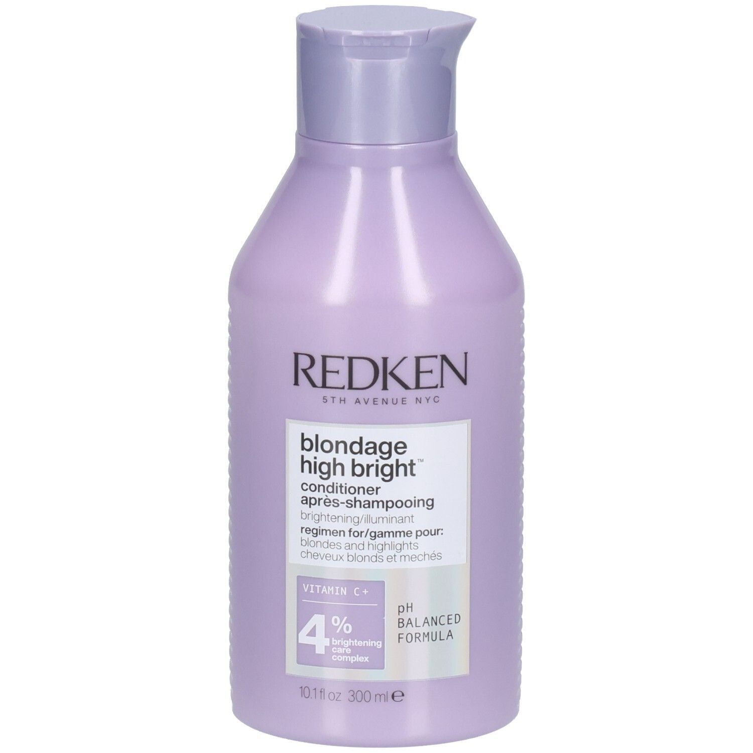 Flasche Redken Blondage High Bright Conditioner. Fliederfarbenes Produkt mit weißer Schrift. Enthält Vitamin C+.