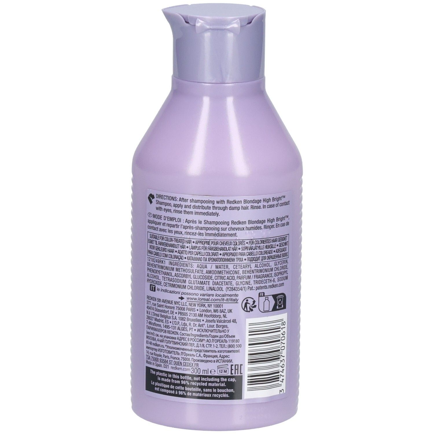 Rückseite der Redken Blondage High Bright Conditioner Flasche. Enthält Text und Barcode. Fliederfarben.