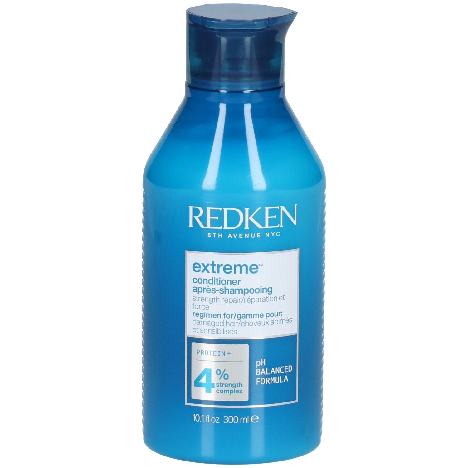 Blau-türkise Flasche mit blauem Deckel. Aufschrift: Redken Extreme Conditioner. Enthält 4% Strength Complex. 300ml.