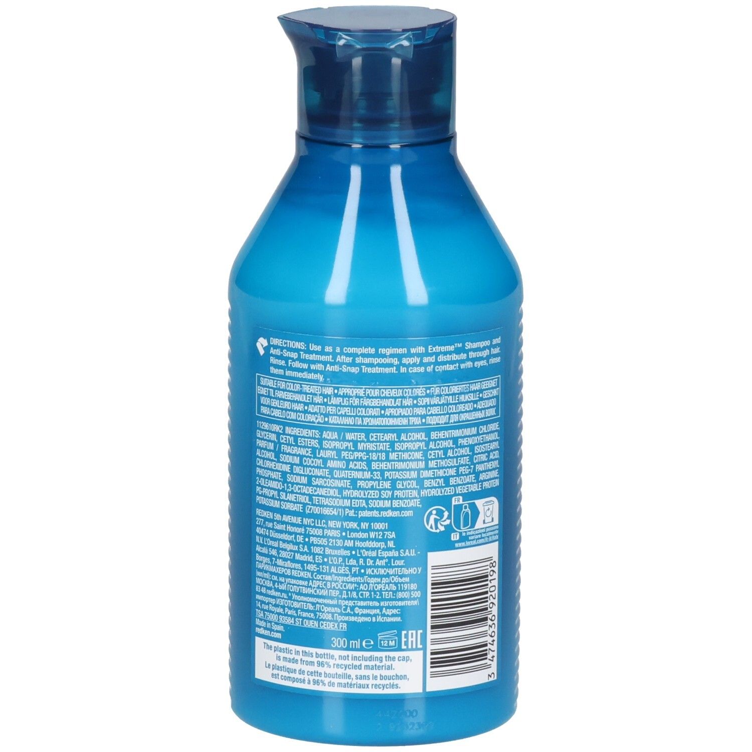 Rückseite einer blau-türkisen Flasche. Enthält Text und Barcode. Aufschrift: Redken Extreme Conditioner. 300ml. Hergestellt aus recyceltem Material.
