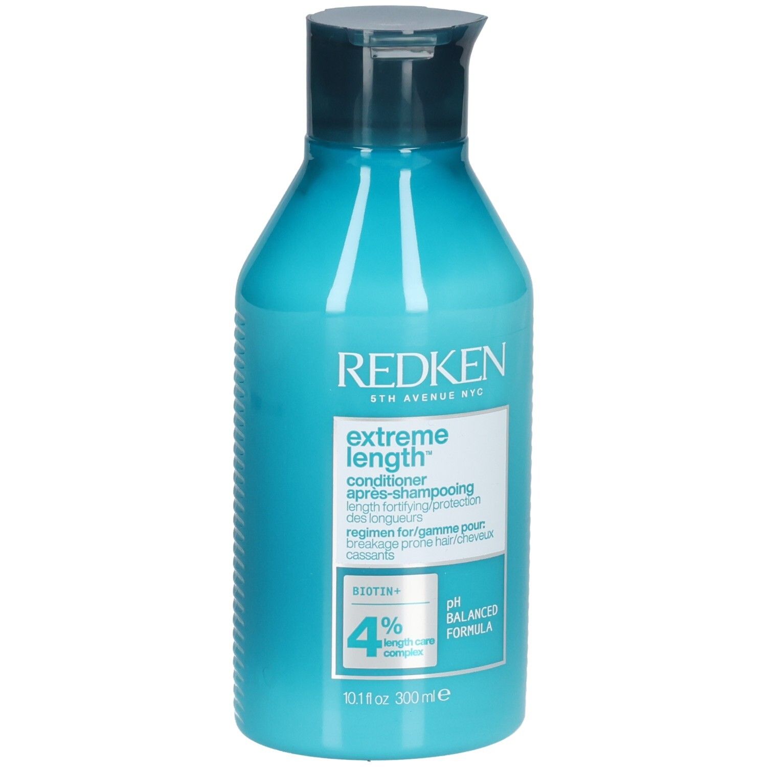 Türkisblaue Flasche mit dunkelblauem Deckel. Aufschrift: REDKEN, Extreme Length Conditioner. Enthält Biotin+ und 4% Length Care Complex.