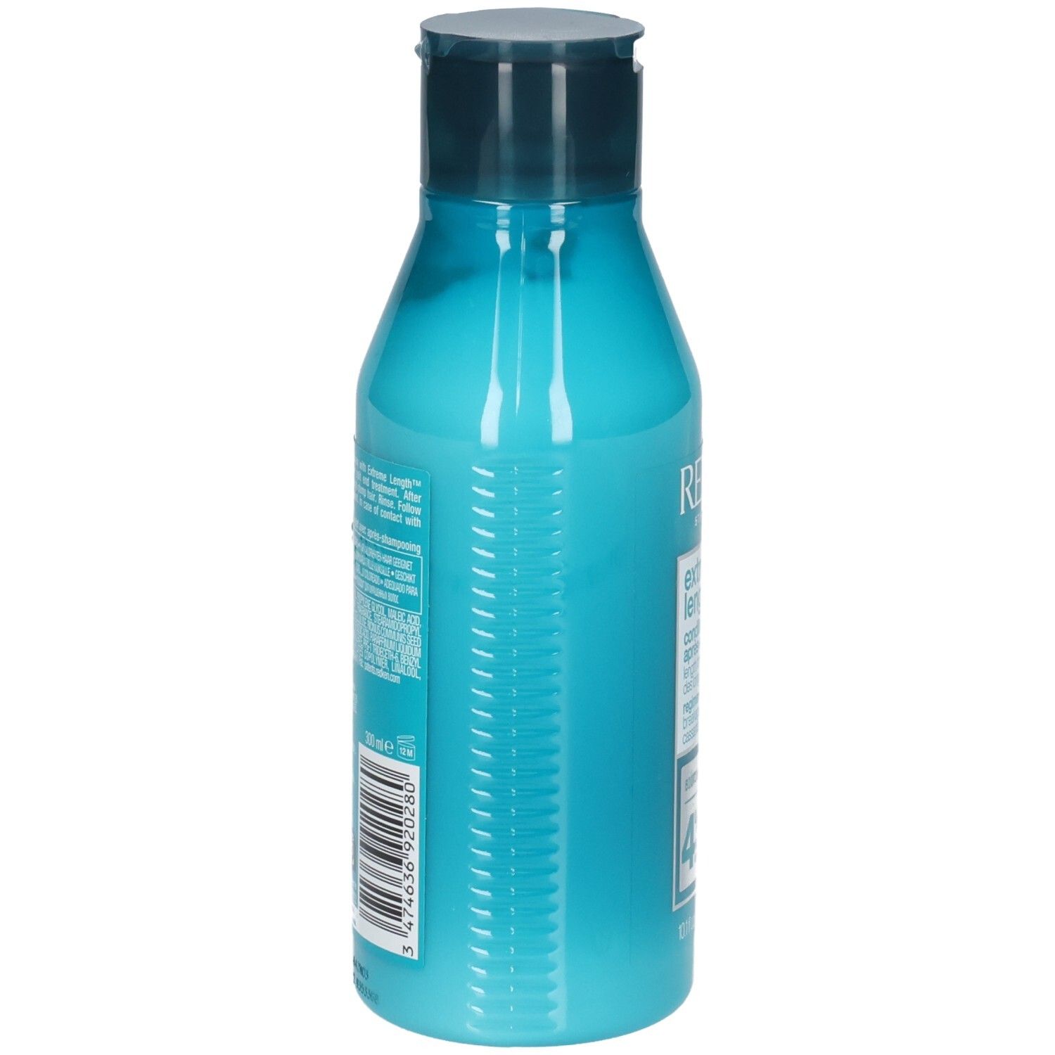 Rückseite einer türkisfarbenen Flasche mit dunkelblauem Deckel. Barcode und Textinformationen. Enthält REDKEN Extreme Length Conditioner.