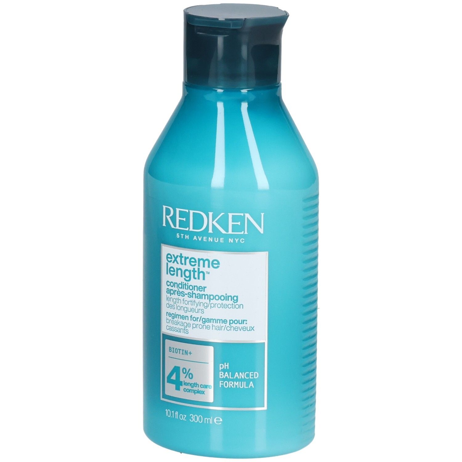 Türkisblaue Flasche mit dunkelblauem Deckel. Aufschrift: REDKEN, Extreme Length Conditioner. Enthält Biotin+ und 4% Length Care Complex.
