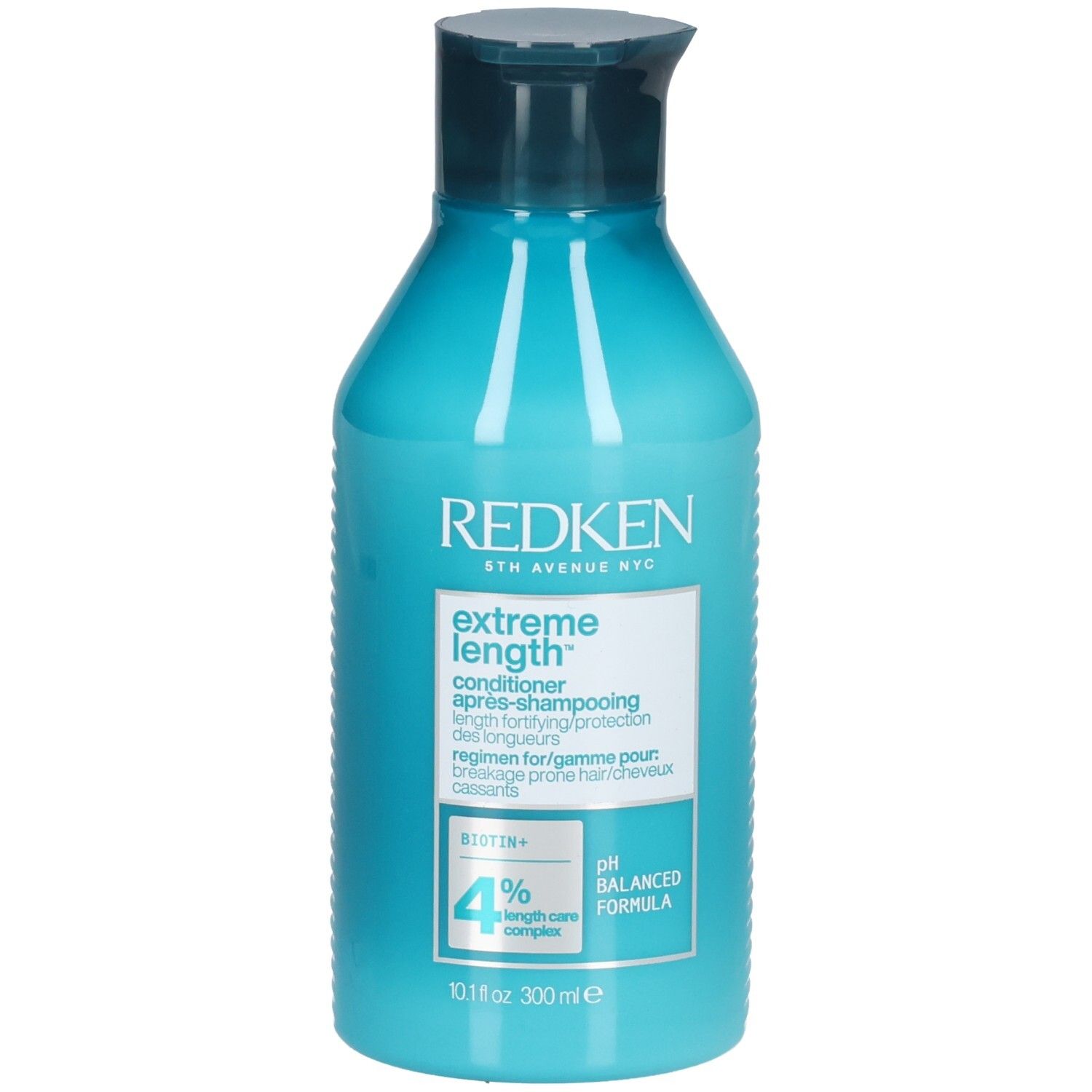 Türkisblaue Flasche mit dunkelblauem Deckel. Aufschrift: REDKEN, Extreme Length Conditioner. Enthält Biotin+ und 4% Length Care Complex.