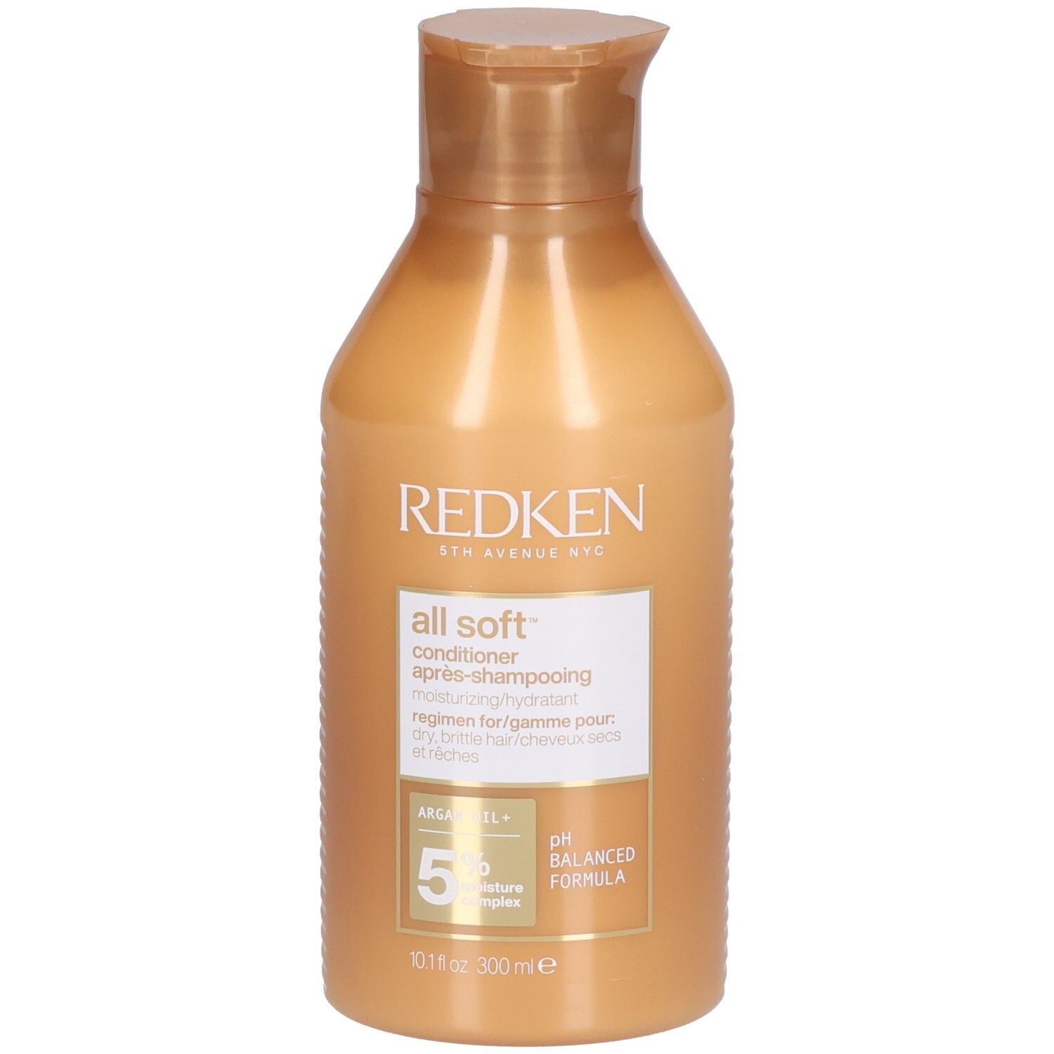 Redken All Soft Conditioner. Goldfarbene Flasche mit Klappverschluss. Produktbezeichnung und Inhaltsstoffe auf dem Etikett.