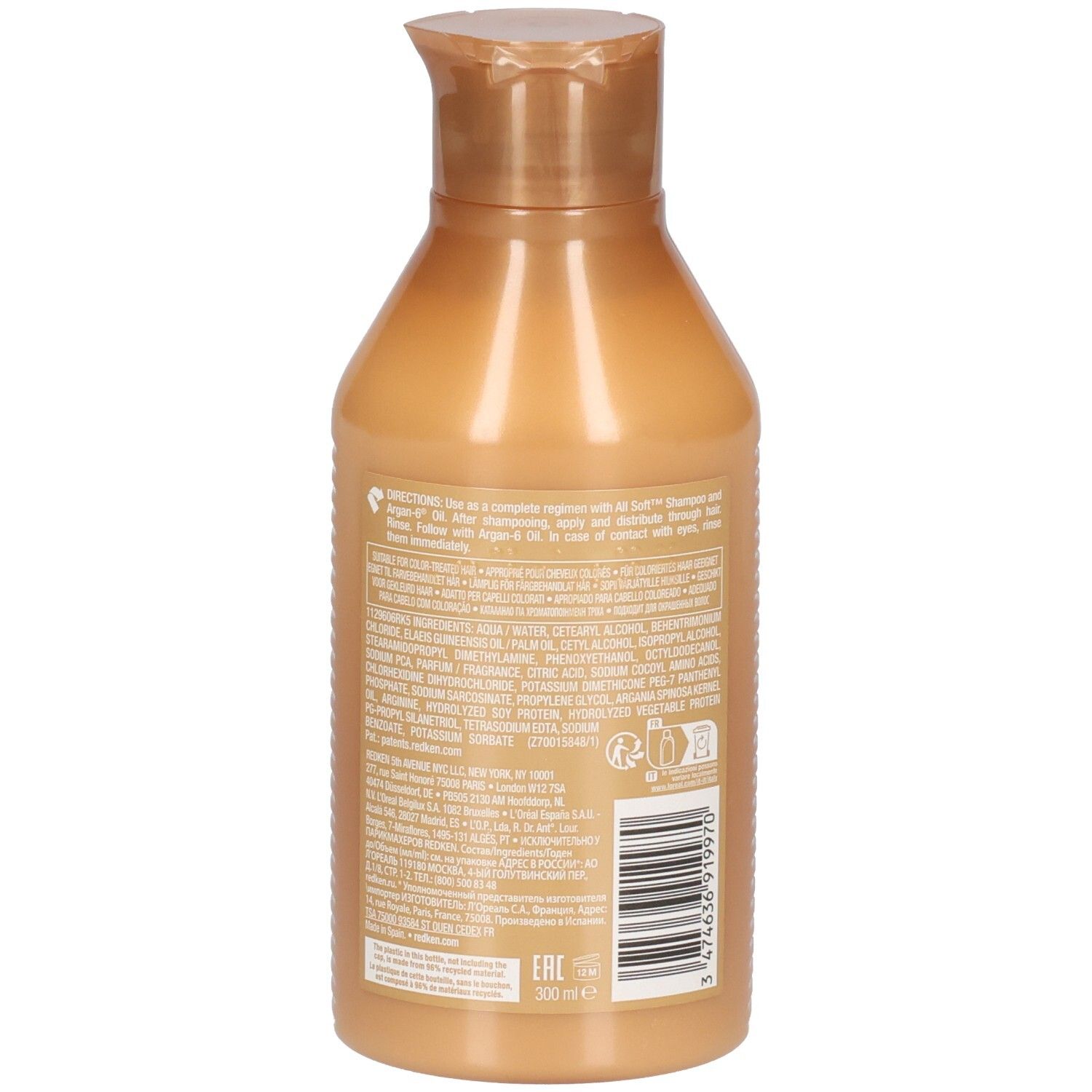 Rückseite der Redken All Soft Conditioner Flasche. Text mit Inhaltsstoffen und Informationen. Barcode und Volumenangabe.