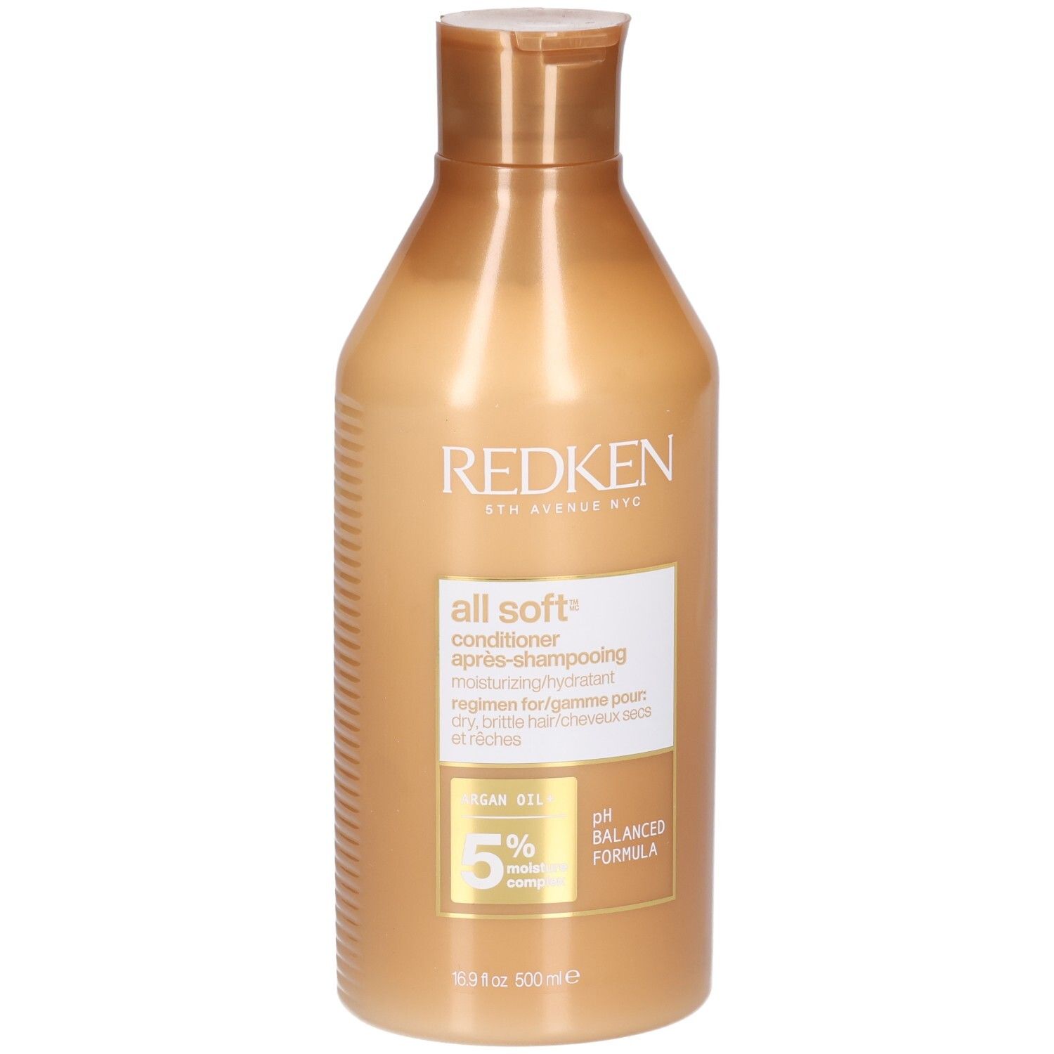 Goldfarbene Flasche mit Conditioner. Aufschrift: Redken, All Soft, Conditioner, 5% Moisture Complex, pH Balanced Formula.