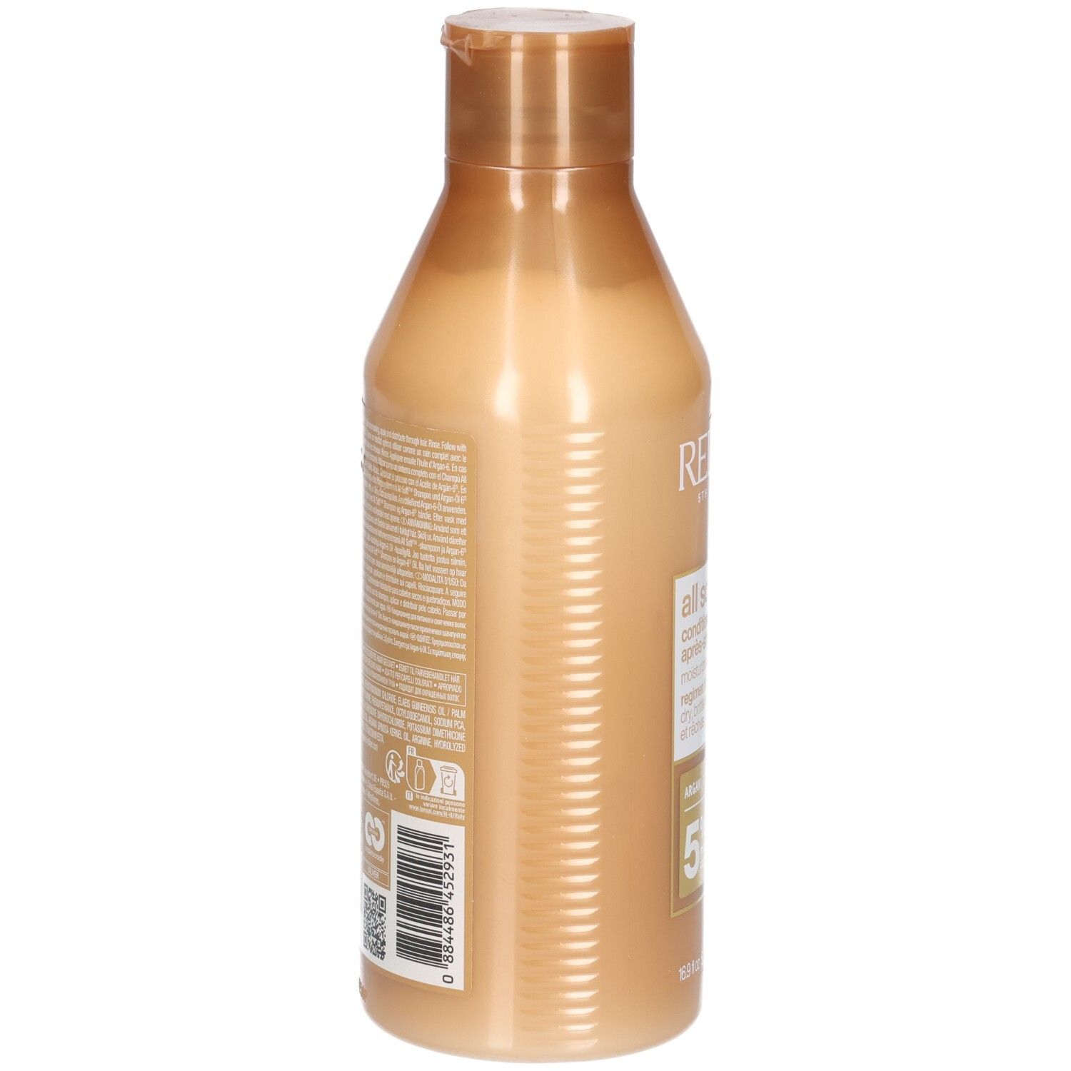 Rückansicht einer goldfarbenen Conditioner-Flasche. Text und Barcode auf dem Etikett.
