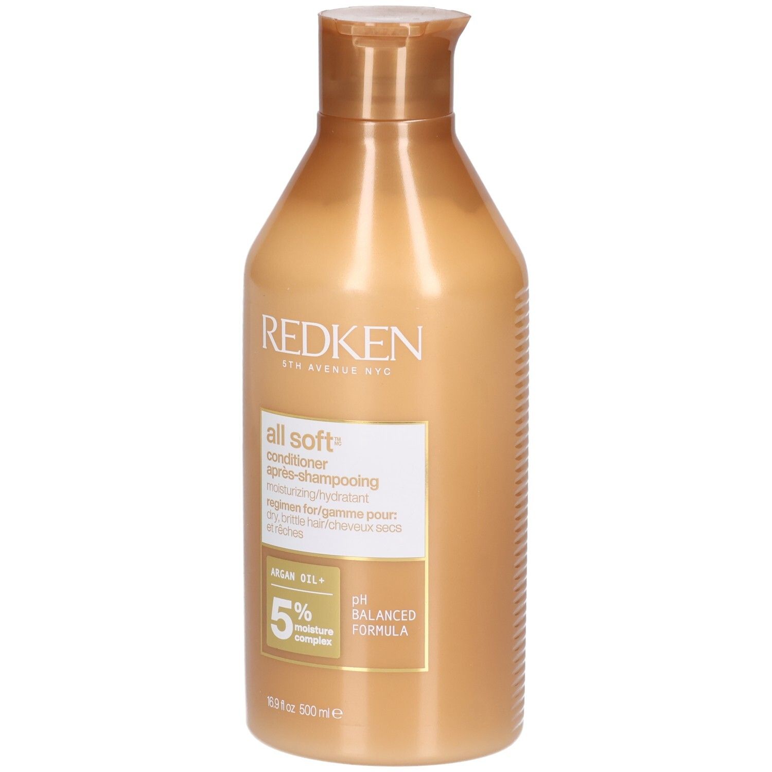 Goldfarbene Flasche mit Conditioner. Aufschrift: Redken, All Soft, Conditioner, 5% Moisture Complex, pH Balanced Formula.