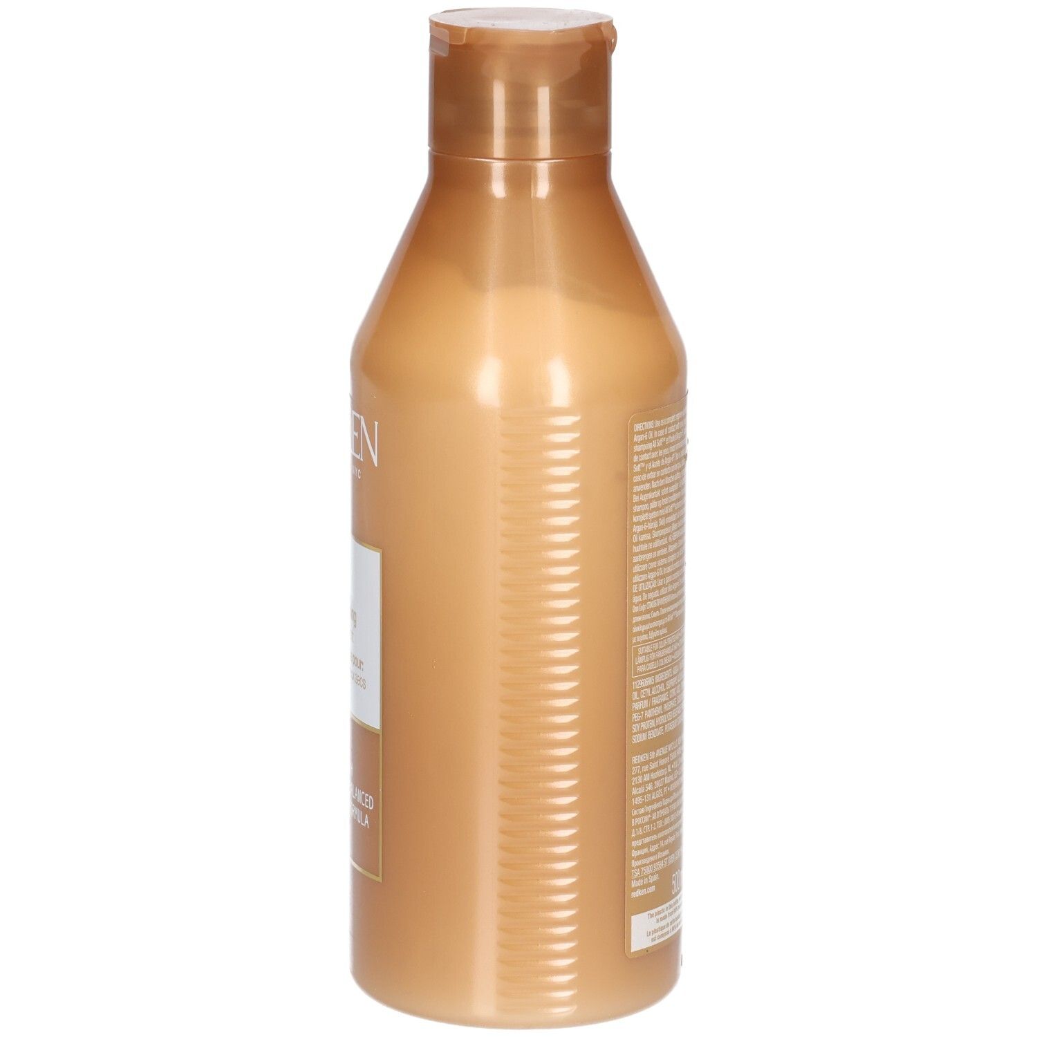 Seitenansicht einer goldfarbenen Conditioner-Flasche. Text auf dem Etikett.