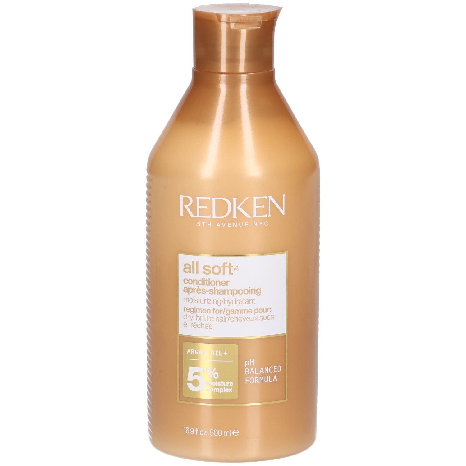 Goldfarbene Flasche mit Conditioner. Aufschrift: Redken, All Soft, Conditioner, 5% Moisture Complex, pH Balanced Formula.
