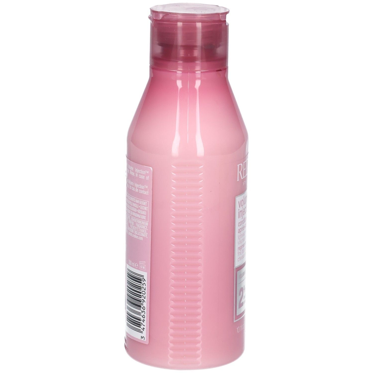 Rückansicht einer rosa Flasche mit rotem Deckel. Auf der Rückseite befinden sich Text und ein Barcode.
