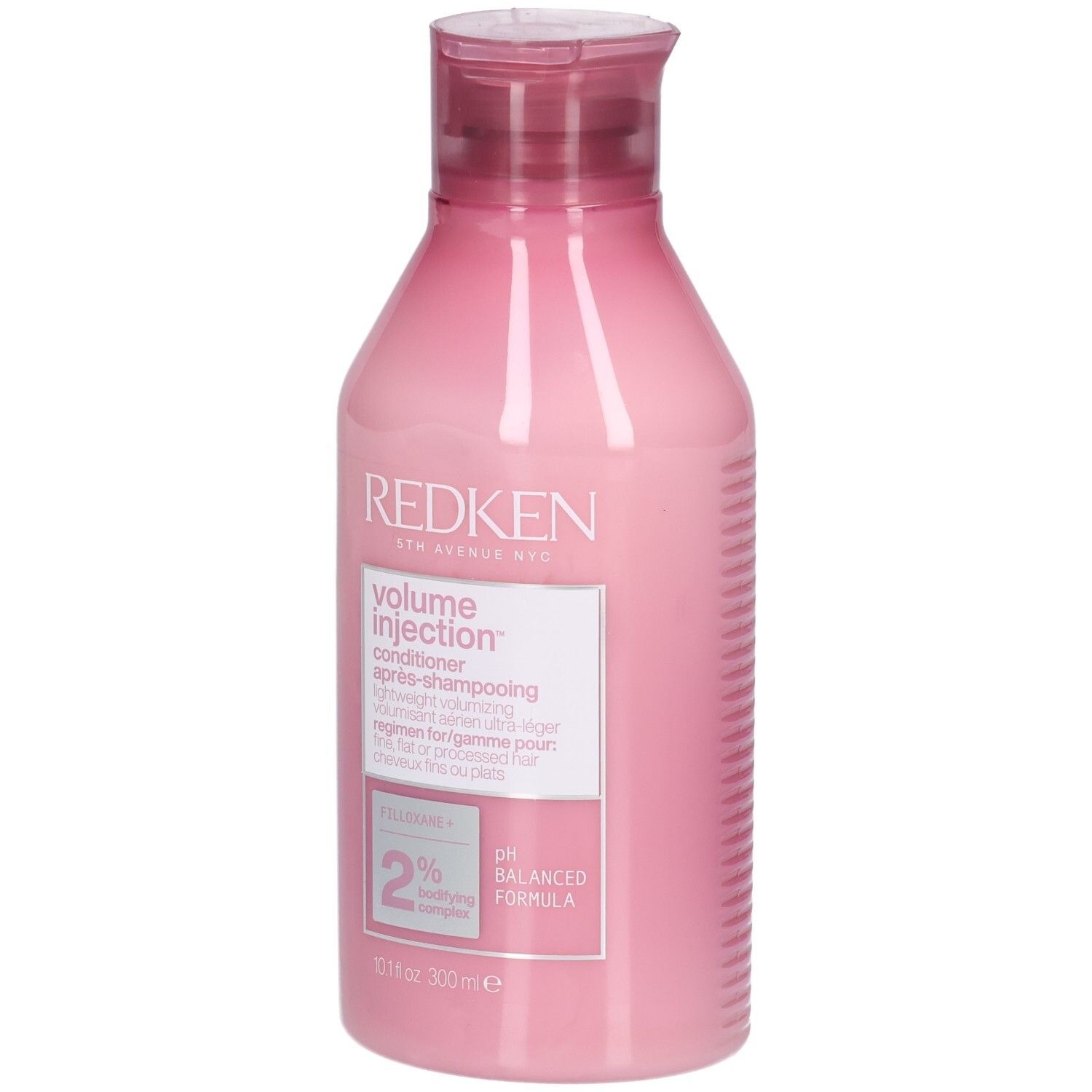 Rosa Flasche mit rotem Deckel. Aufschrift: Redken Volume Injection Conditioner. Enthält 2% Filloxane. pH-ausgeglichene Formel.
