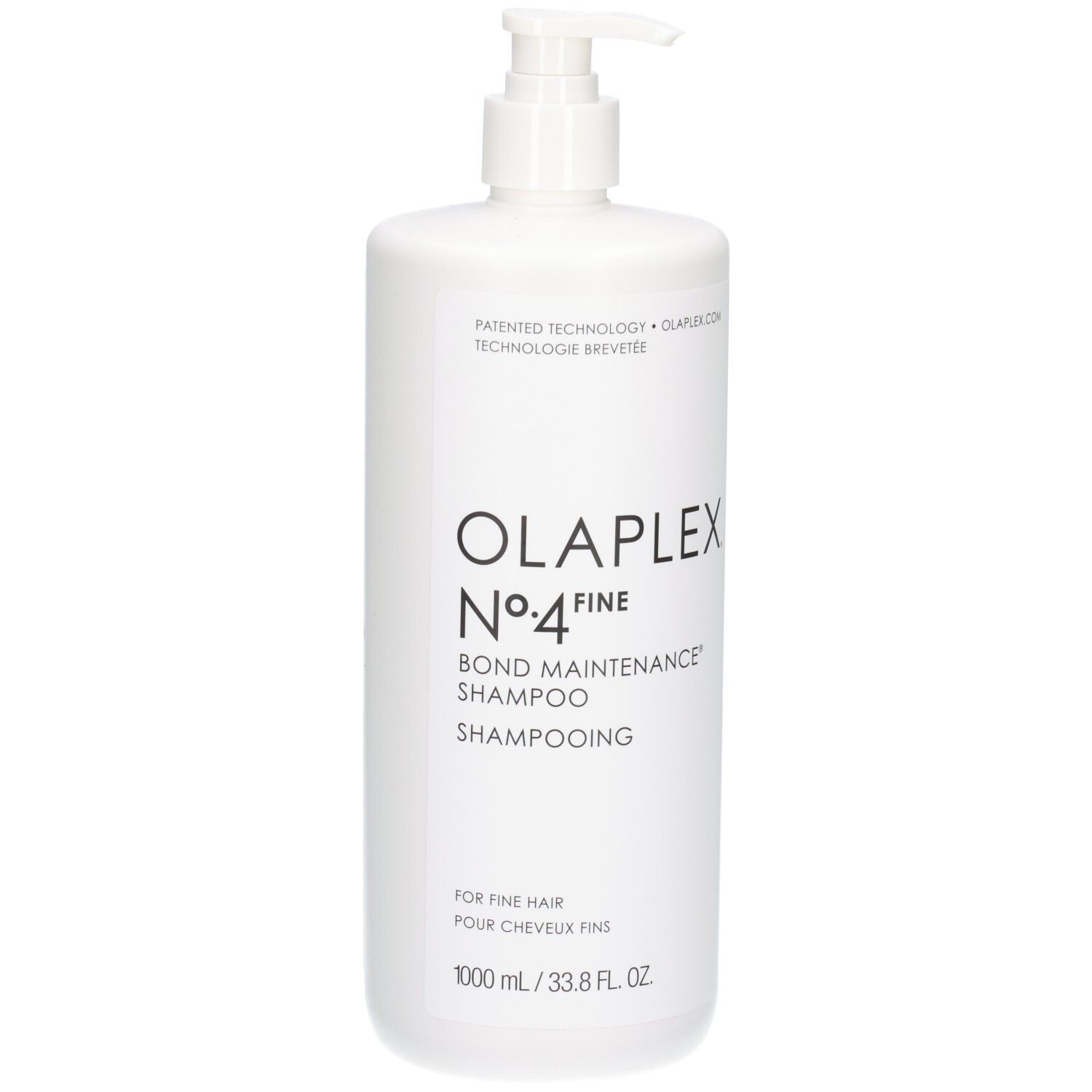Weiße Flasche Olaplex No.4 Fine Bond Maintenance Shampoo mit Pumpspender. 1000 ml.