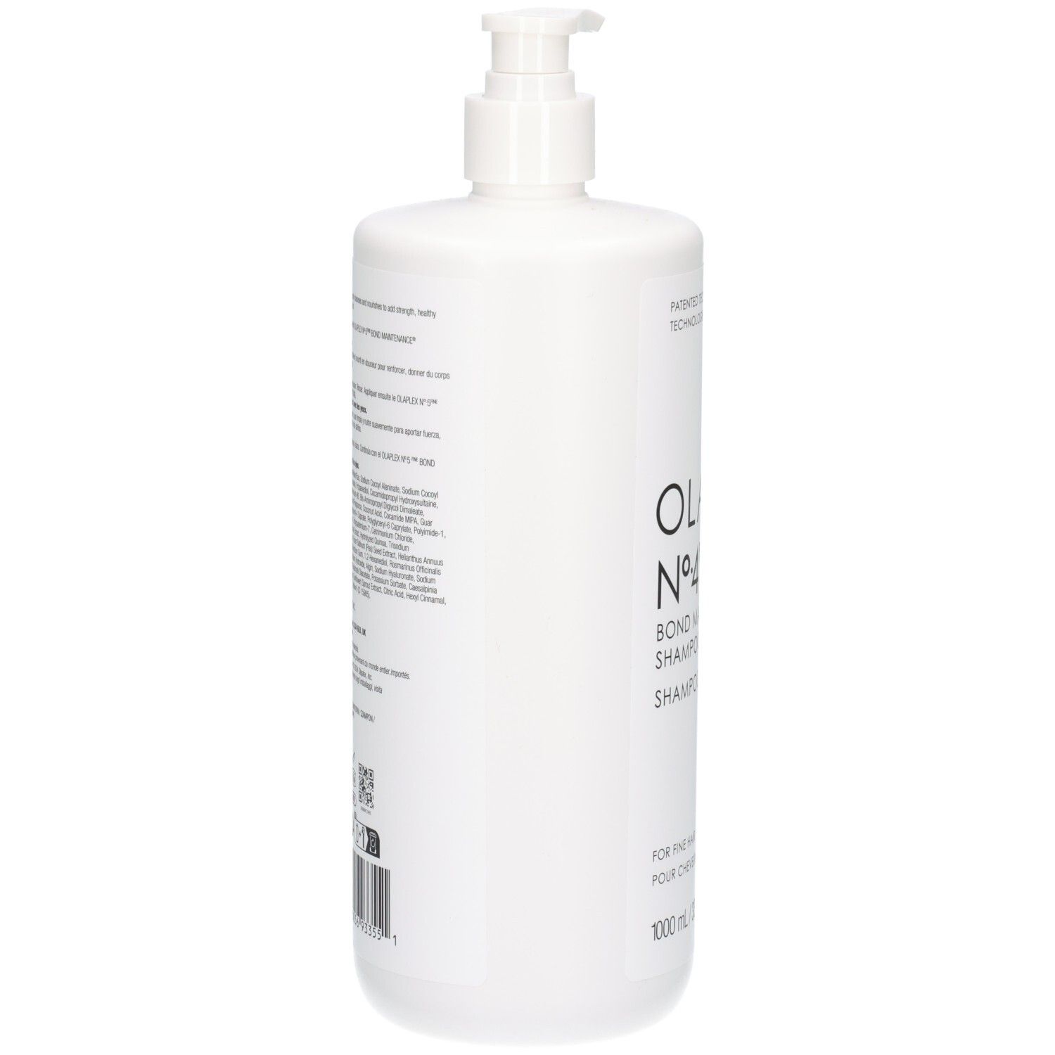 Seitenansicht der weißen Olaplex No.4 Fine Bond Maintenance Shampoo Flasche mit Pumpspender.