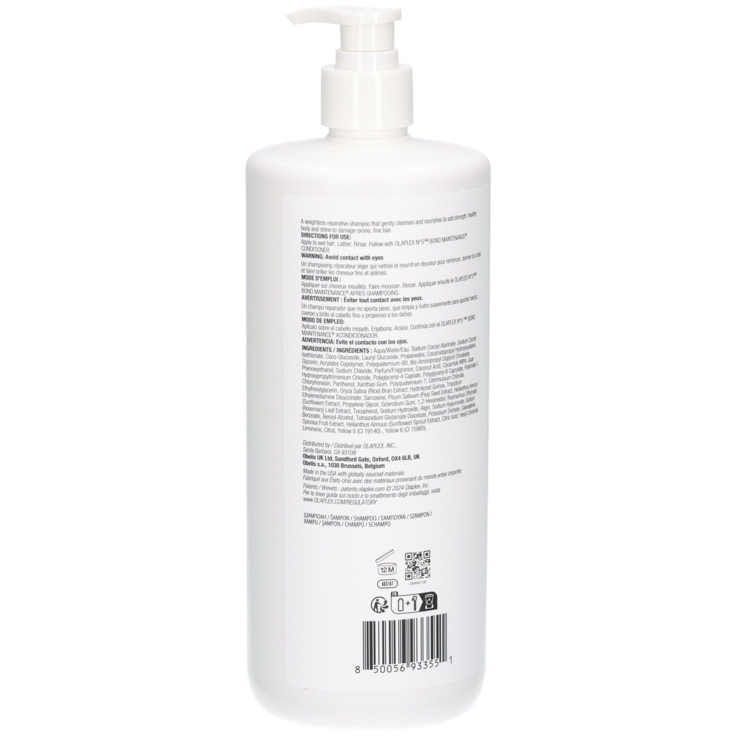 Rückseite der weißen Olaplex No.4 Fine Bond Maintenance Shampoo Flasche mit Pumpspender und Etikett.