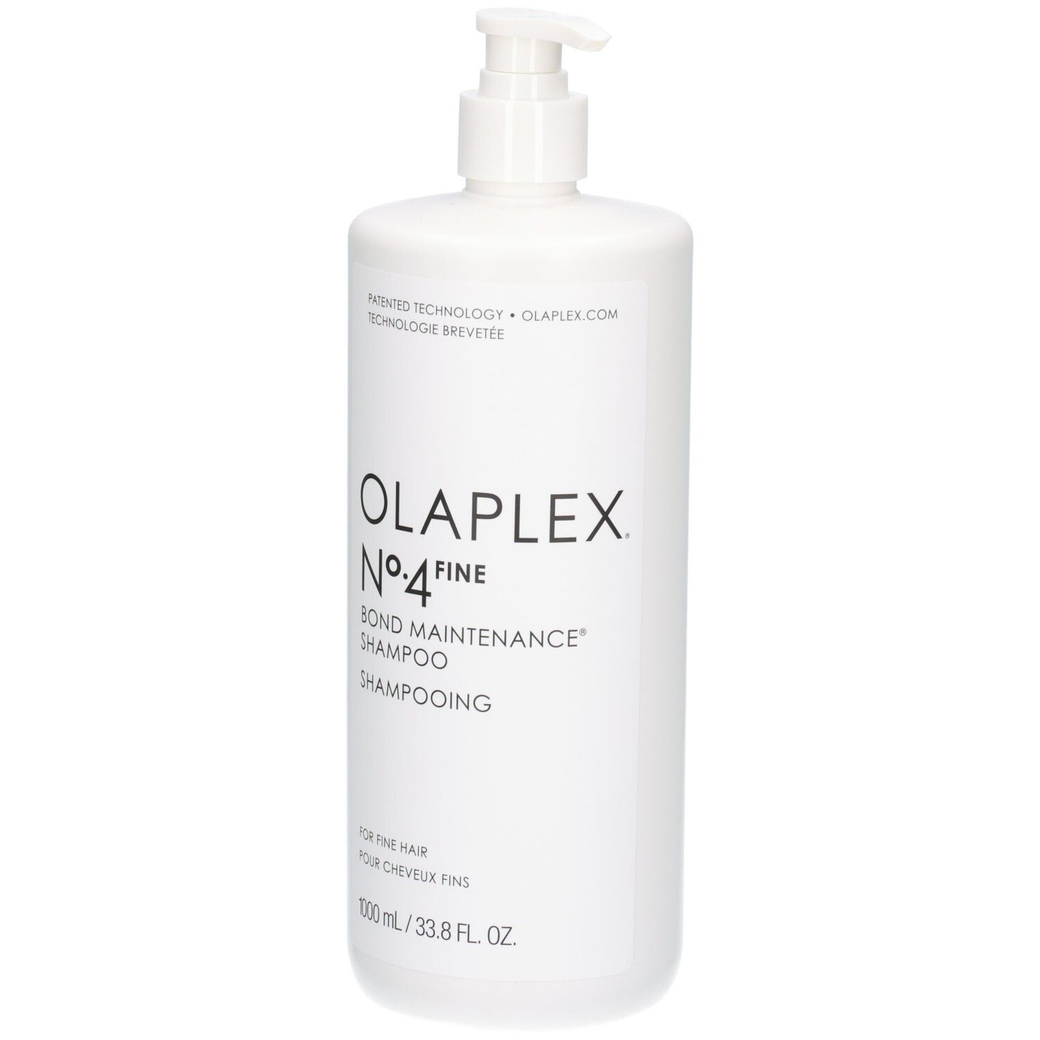 Vorderansicht der weißen Olaplex No.4 Fine Bond Maintenance Shampoo Flasche mit Pumpspender.